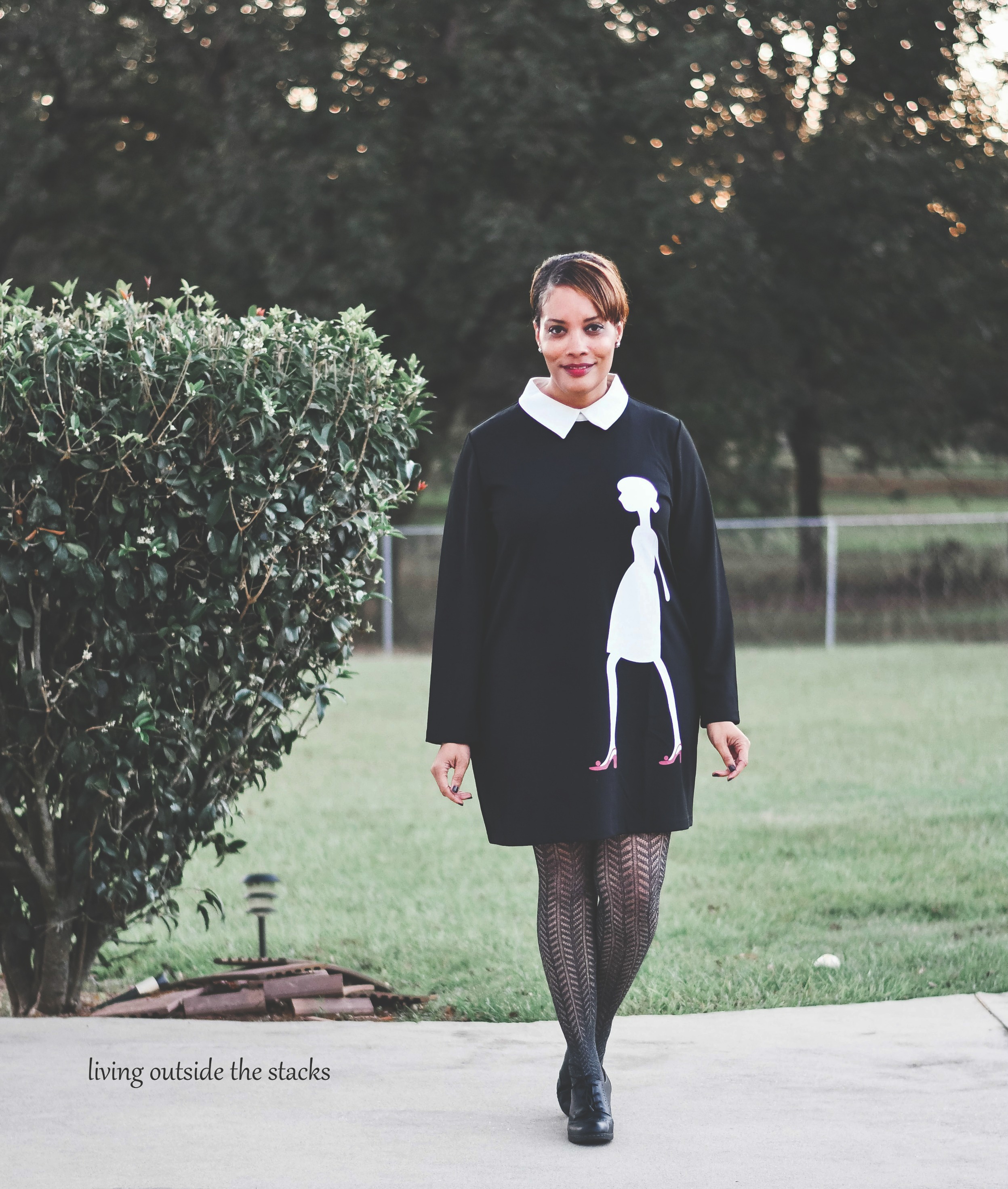 Black Sheath Dress Gray Stockings and Black Oxfords {living outside the stacks}