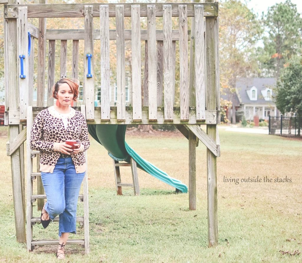 Leopard Cardi Polka Dot Tee Jeans and Wrap Around Black Flats {Living Outside the Stacks}