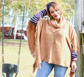 Camel Poncho Striped Tee and Jeans {living outside the stacks}