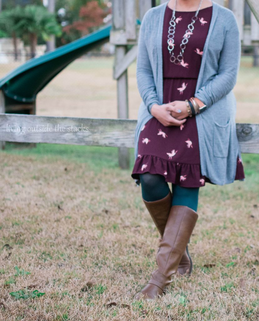  Gray Cardigan Burgundy and Coral Bird Dress Green Tights and Brown Boots {living outside the stacks} #AgelessStyleLinkUp #LivingOutsideTheStacks #LibrarianWardrobe