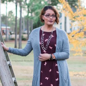 Gray Cardigan Burgundy and Coral Bird Dress Green Tights and Brown Boots {living outside the stacks} #AgelessStyleLinkUp #LivingOutsideTheStacks #LibrarianWardrobe