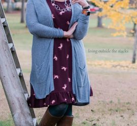 Gray Cardigan Burgundy and Coral Bird Dress Green Tights and Brown Boots {living outside the stacks} #AgelessStyleLinkUp #LivingOutsideTheStacks #LibrarianWardrobe