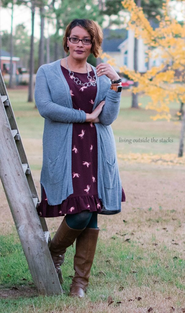  Gray Cardigan Burgundy and Coral Bird Dress Green Tights and Brown Boots {living outside the stacks} #AgelessStyleLinkUp #LivingOutsideTheStacks #LibrarianWardrobe