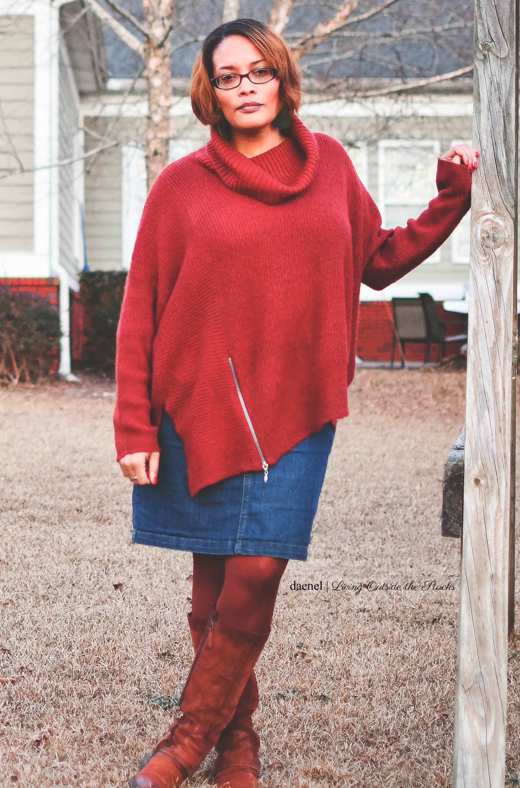 DAT_5863 Oversized Burgundy Sweater Denim Skirt Burgundy Tights and Brown Boots {living outside the stacks}