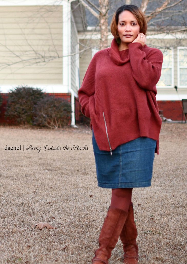 DAT_5865 Oversized Burgundy Sweater Denim Skirt Burgundy Tights and Brown Boots {living outside the stacks}
