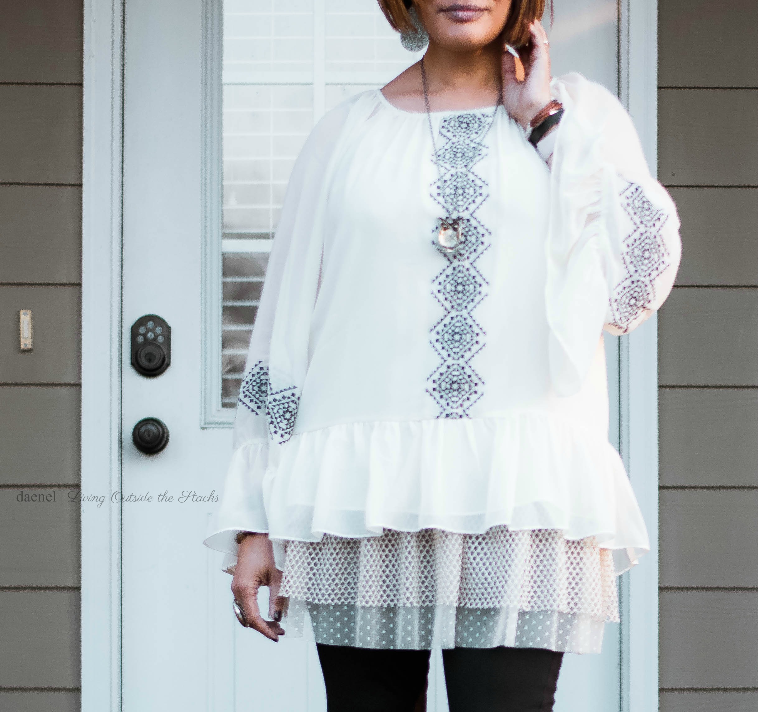 Aztec Print Blouse Tulle Tunic Leggings and Black Booties {living outside the stacks}