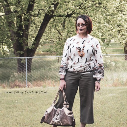 Feather Print Top Olive Cropped Pants and Brown Mary Jane Shoes {living outside the stacks}