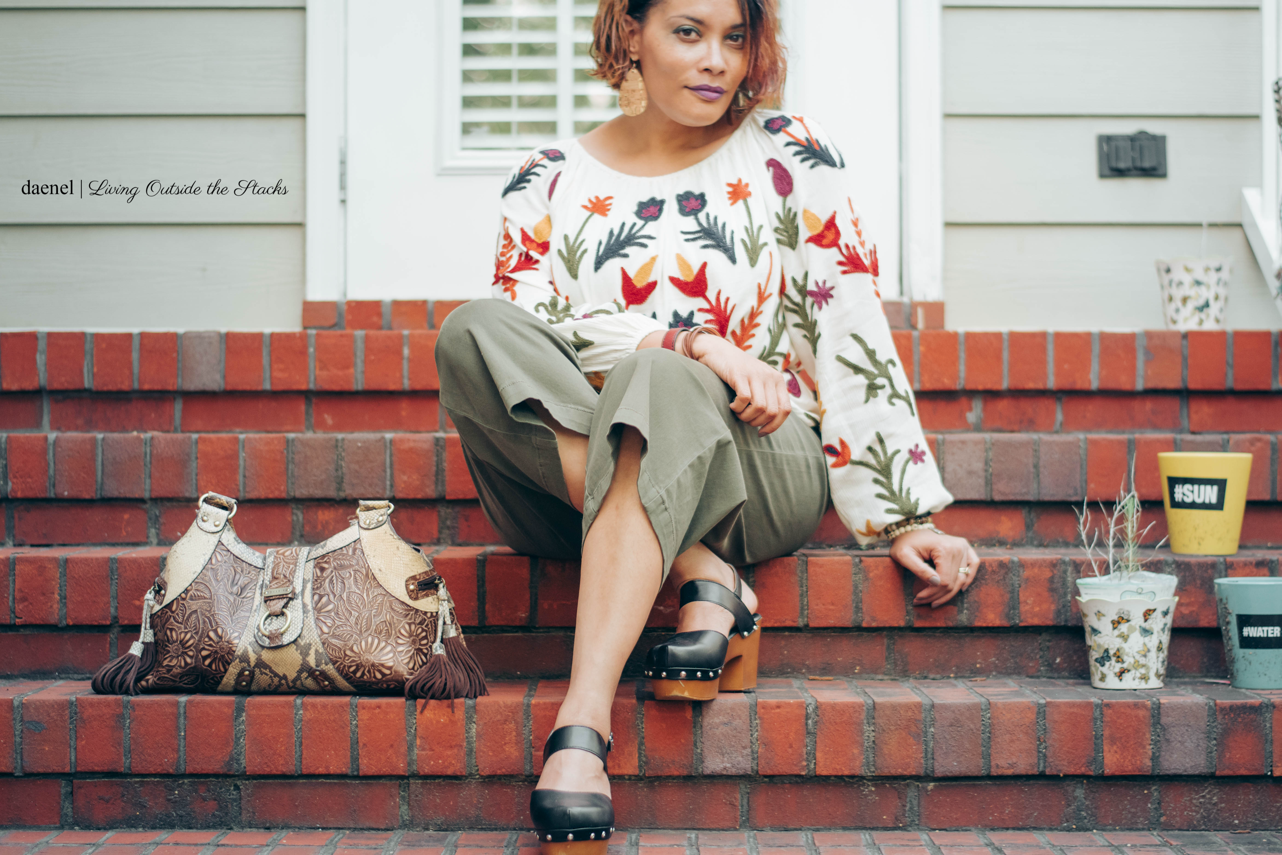 Embroidered Boho Blouse Olive Cropped Pants and Mary Jane Shoes {living outside the stacks}