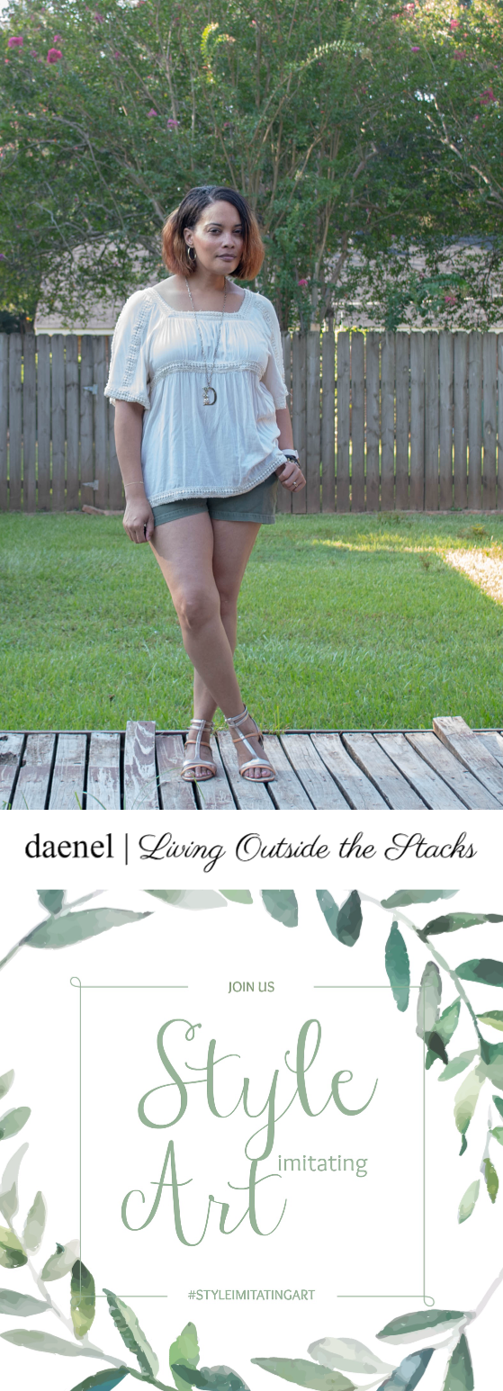 Cream Peasant Top with Olive Shorts and Gold Gladiator Sandals {living outside the stacks