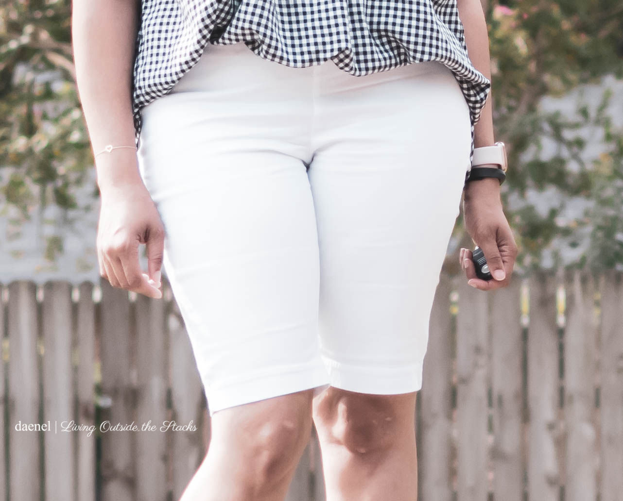Gingham Top White Bermuda Shorts Shorts and Black Earth Sandals #AgelessStyle {living outside the stacks}