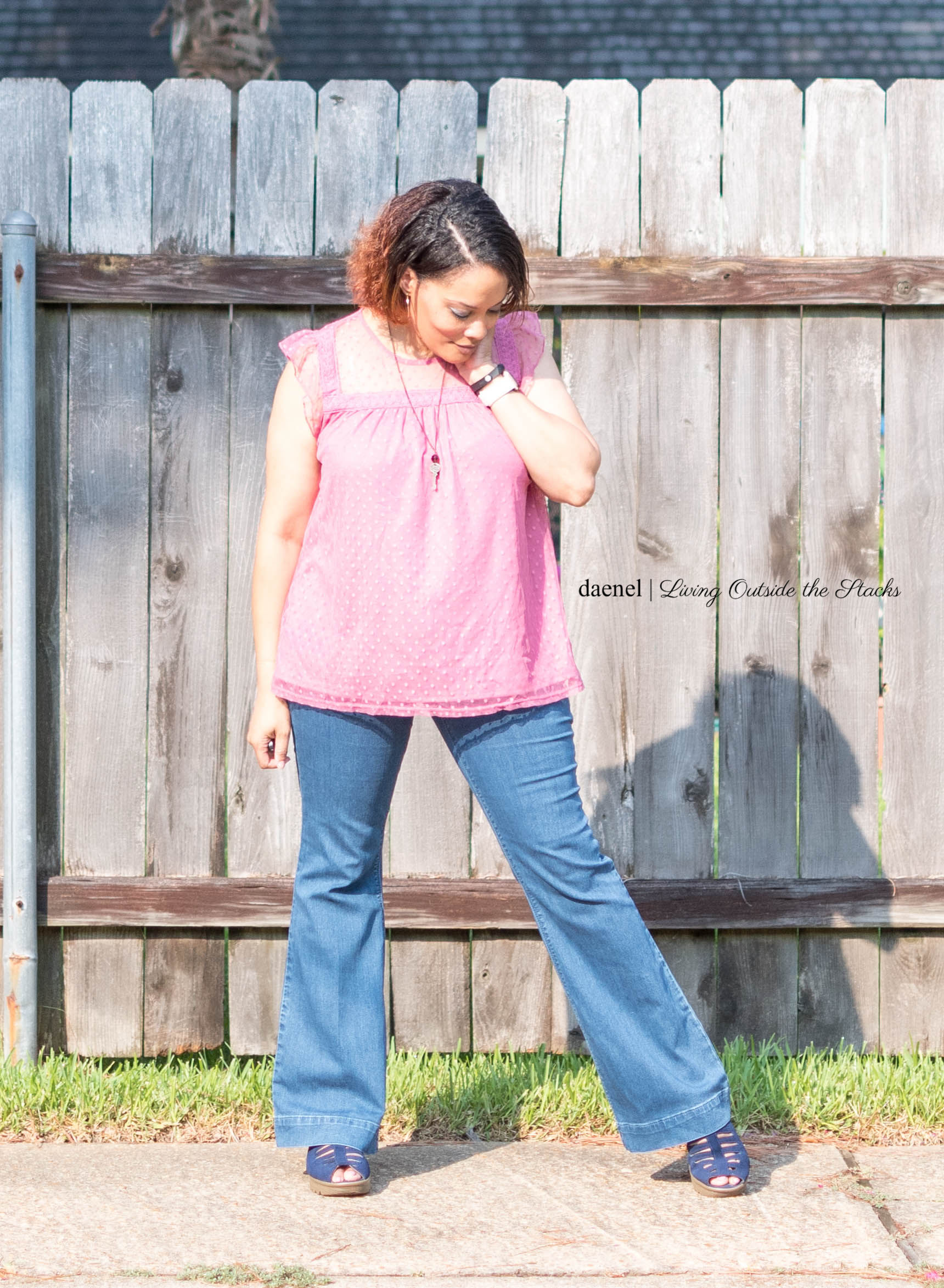 Laurie Felt Flare Leg Jeans and Mauve Baby Doll Top with Skechers Shoes {living outside the stacks} #NiceJeans