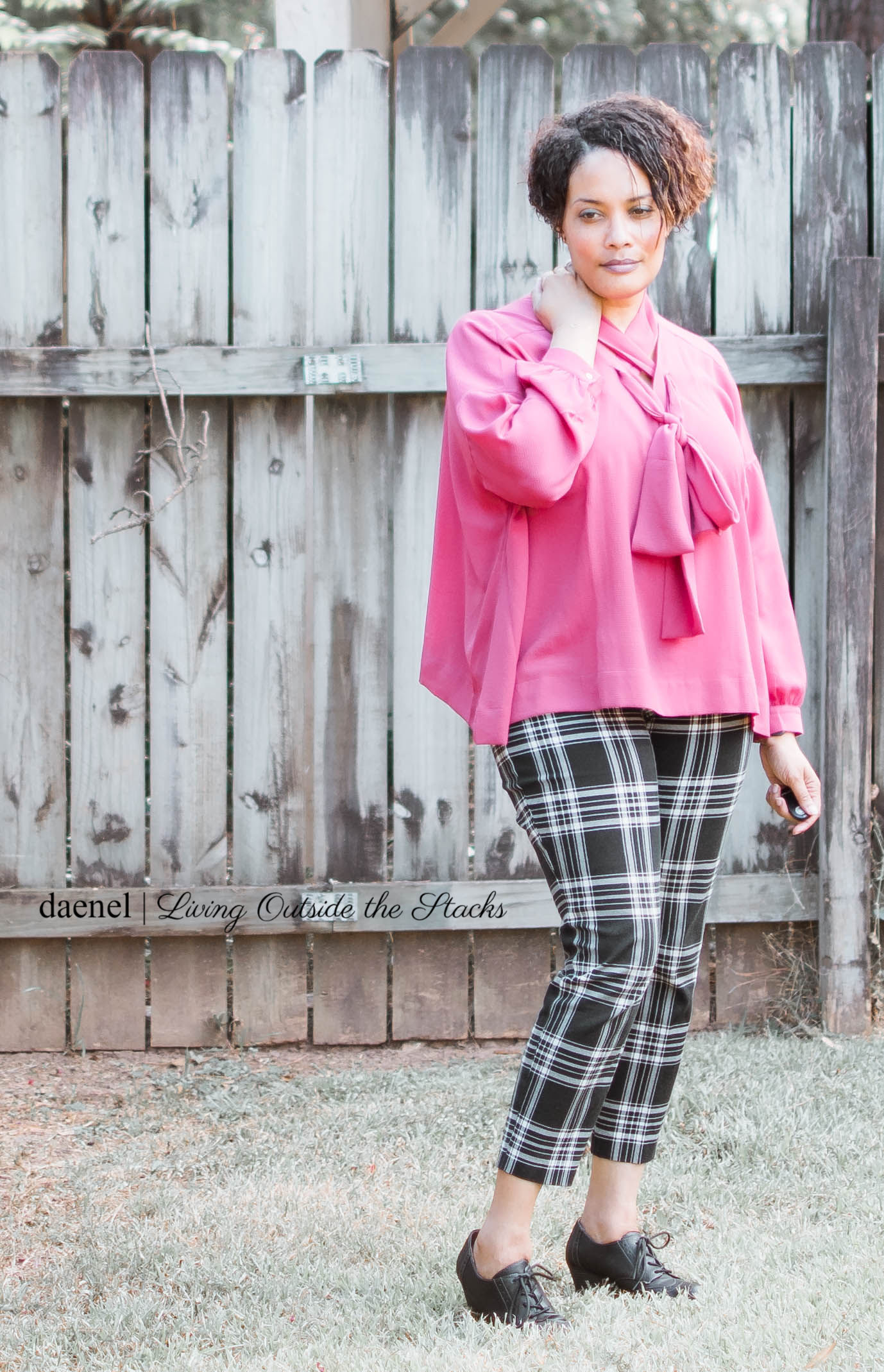 Cranberry Criss Cross Blouse by Laurie Felt Plaid Pixie Pants by Old Navy and Black Oxfords {living outside the stacks}
