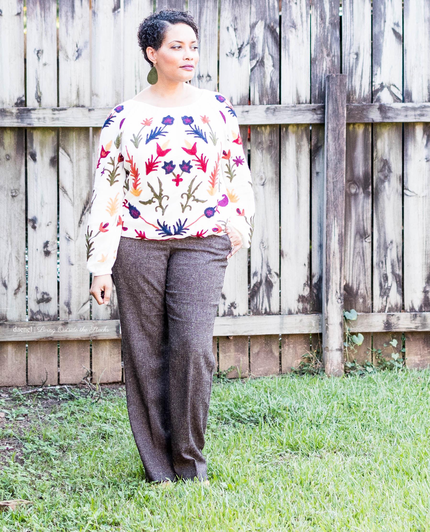 Laurie Felt Embroidered Boho Style Round Neck Blouse Tweed Pants and LOGO by Lori Goldstein Color-Block Shoe {living outside the stacks}
