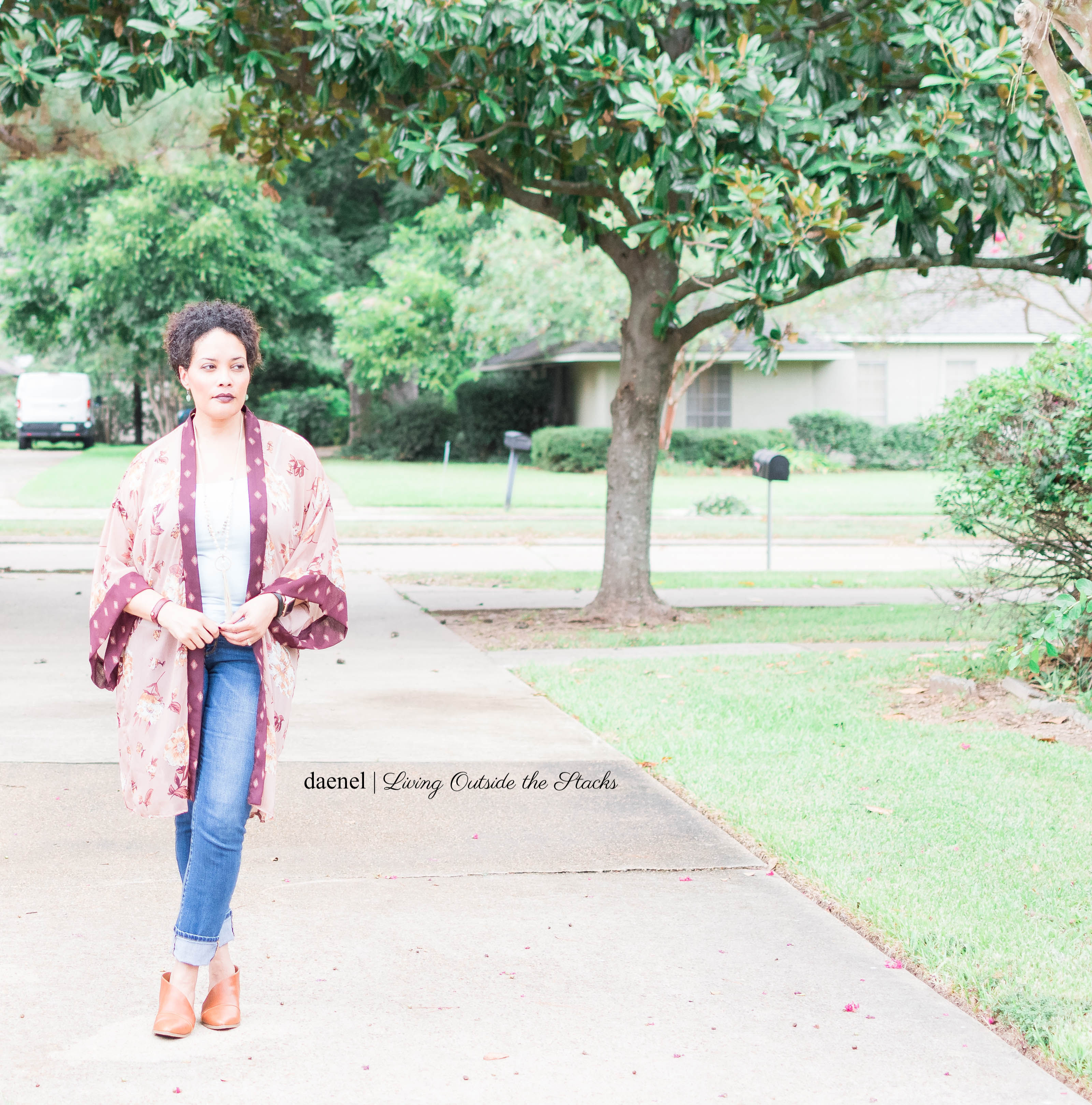 Kimono Turquoise Tank Jeans and Brown Shoes for Style Imitating Art {living outside the stacks}