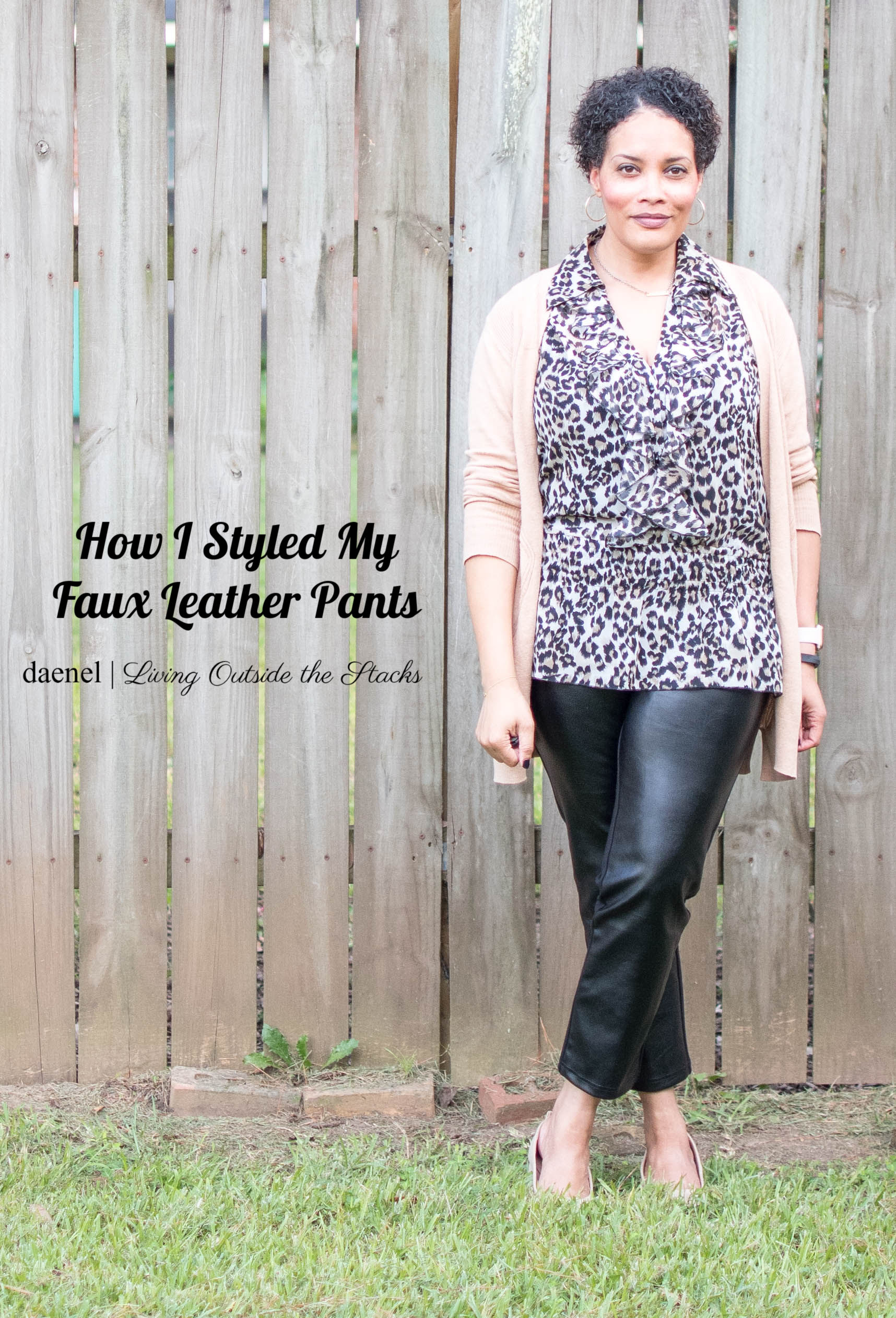  Camel Cardi Animal Print Blouse Faux Leather Pants and Nude Pumps {living outside the stacks}