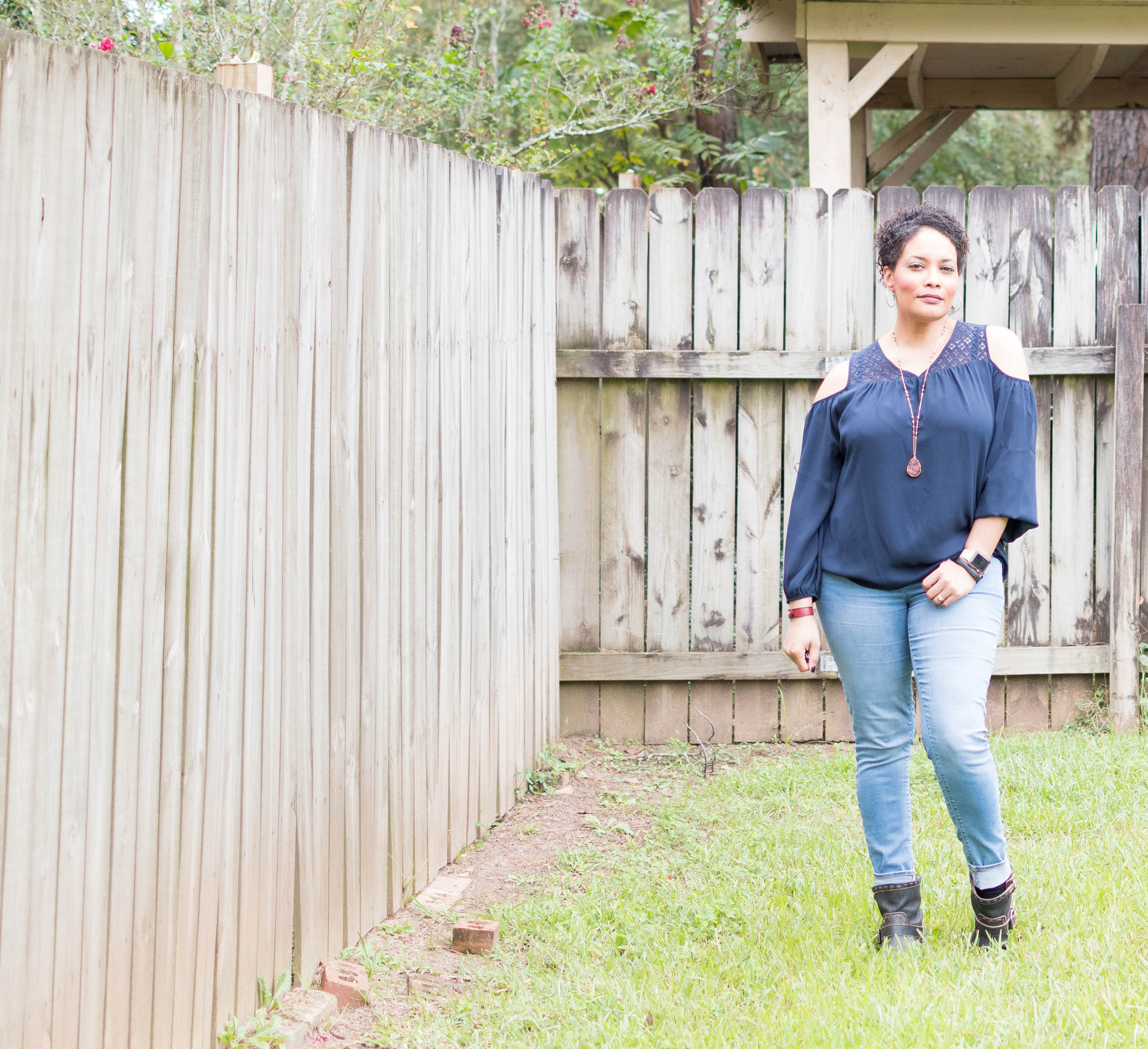  Ageless Style Linkup {living outside the stacks} Fall Colors Navy Blue Laurie Felt Hollywood Blouse Skinny Jeans andBlack Musse and Cloud Booties