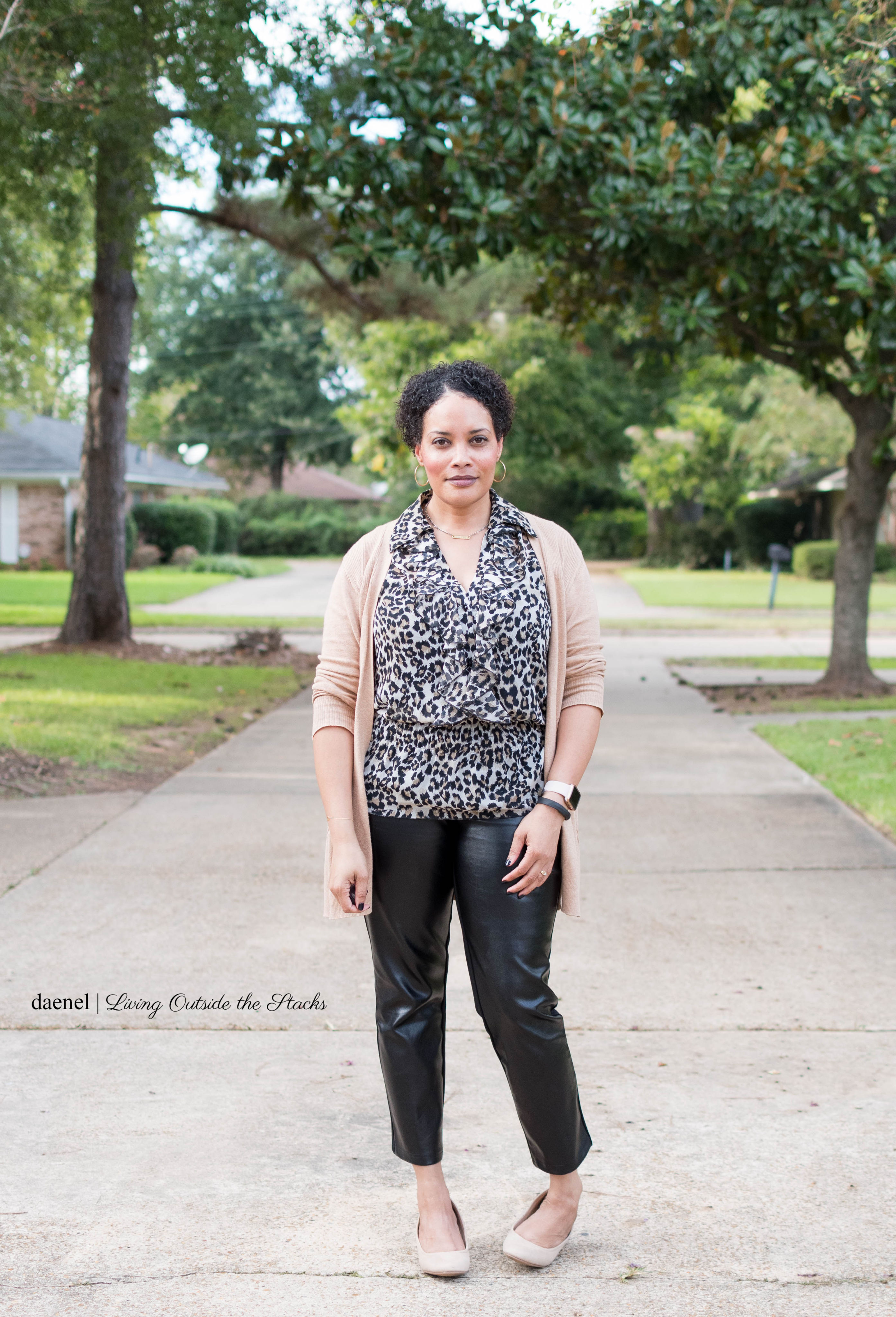  Camel Cardi Animal Print Blouse Faux Leather Pants and Nude Pumps {living outside the stacks}