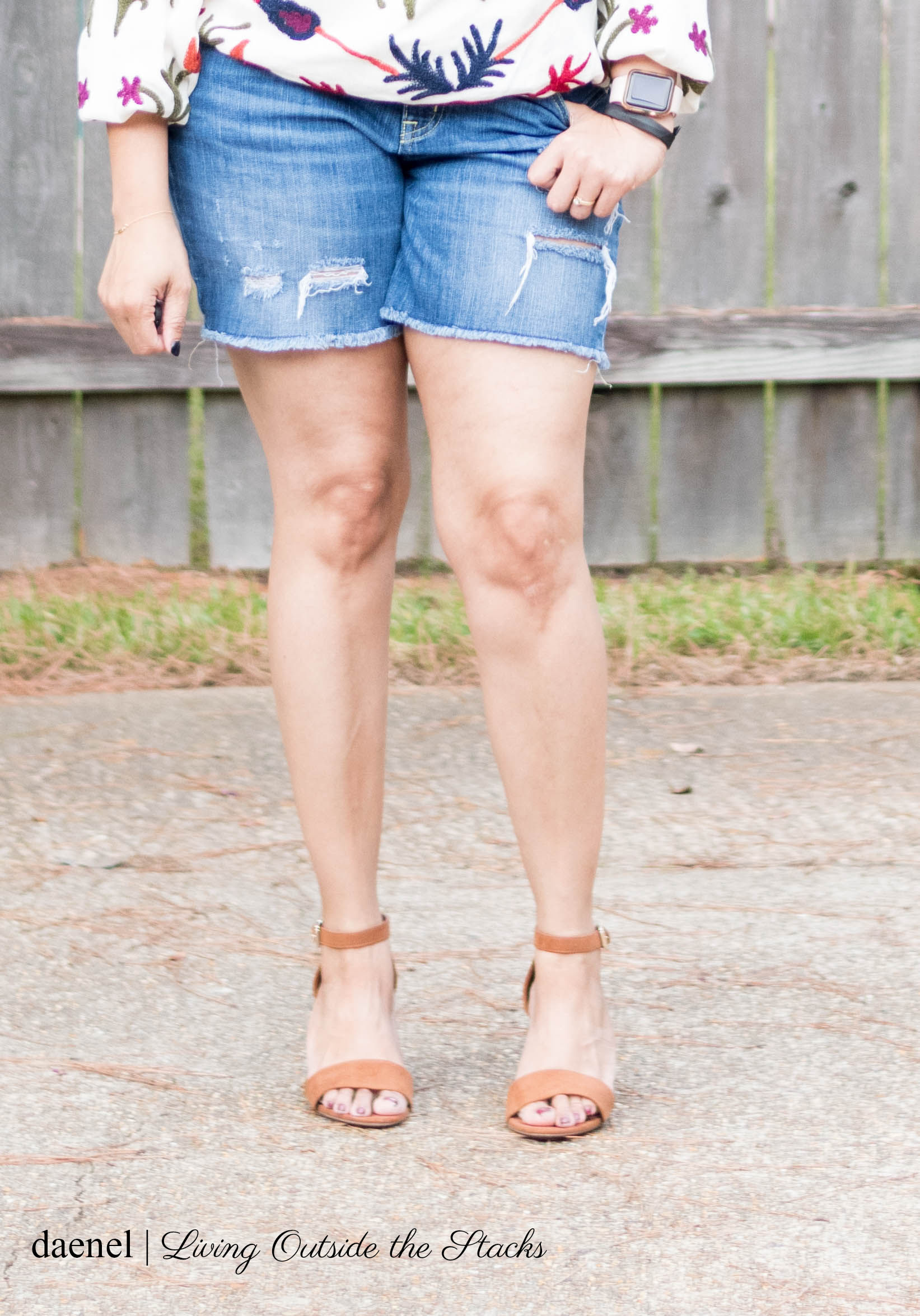  Embroidered Boho Top by Laurie Felt Distressed Denim Shorts from Target and Camel Sandals from Zulily {living outside the stacks}