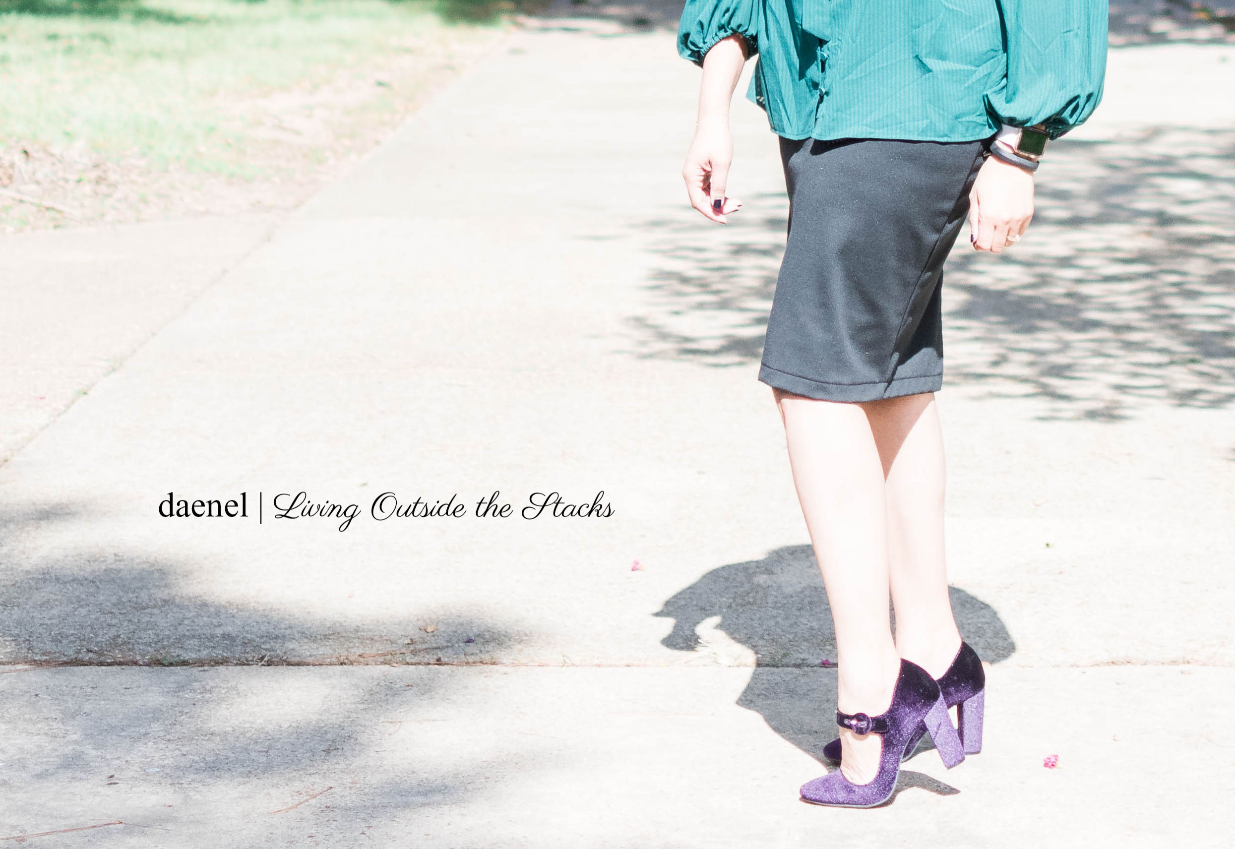 Green Tie Neck Blouse Black Skirt and Purple Velvet Mary Janes {living outside the stacks} #StyleImitatingArt