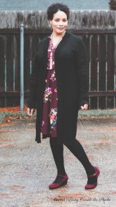 Black Maxi Cardi Old Navy Burgundy Floral Dress Black Tights and Burgundy Mary Jane Wedges {living outside the stacks}