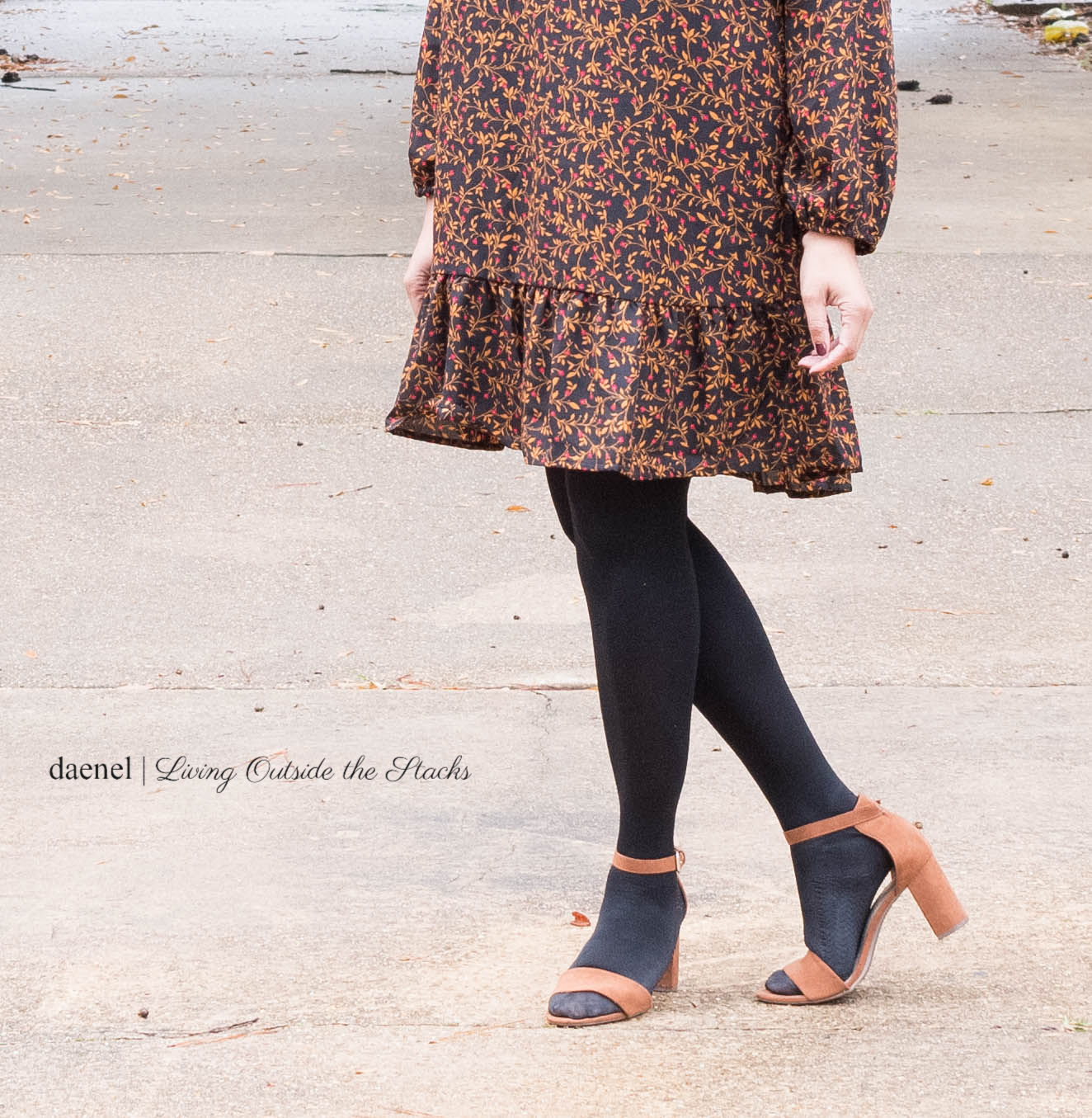 Black Floral Dress Black Tights and Brown Sandals {living outside the stacks} #StyleImitatingArt