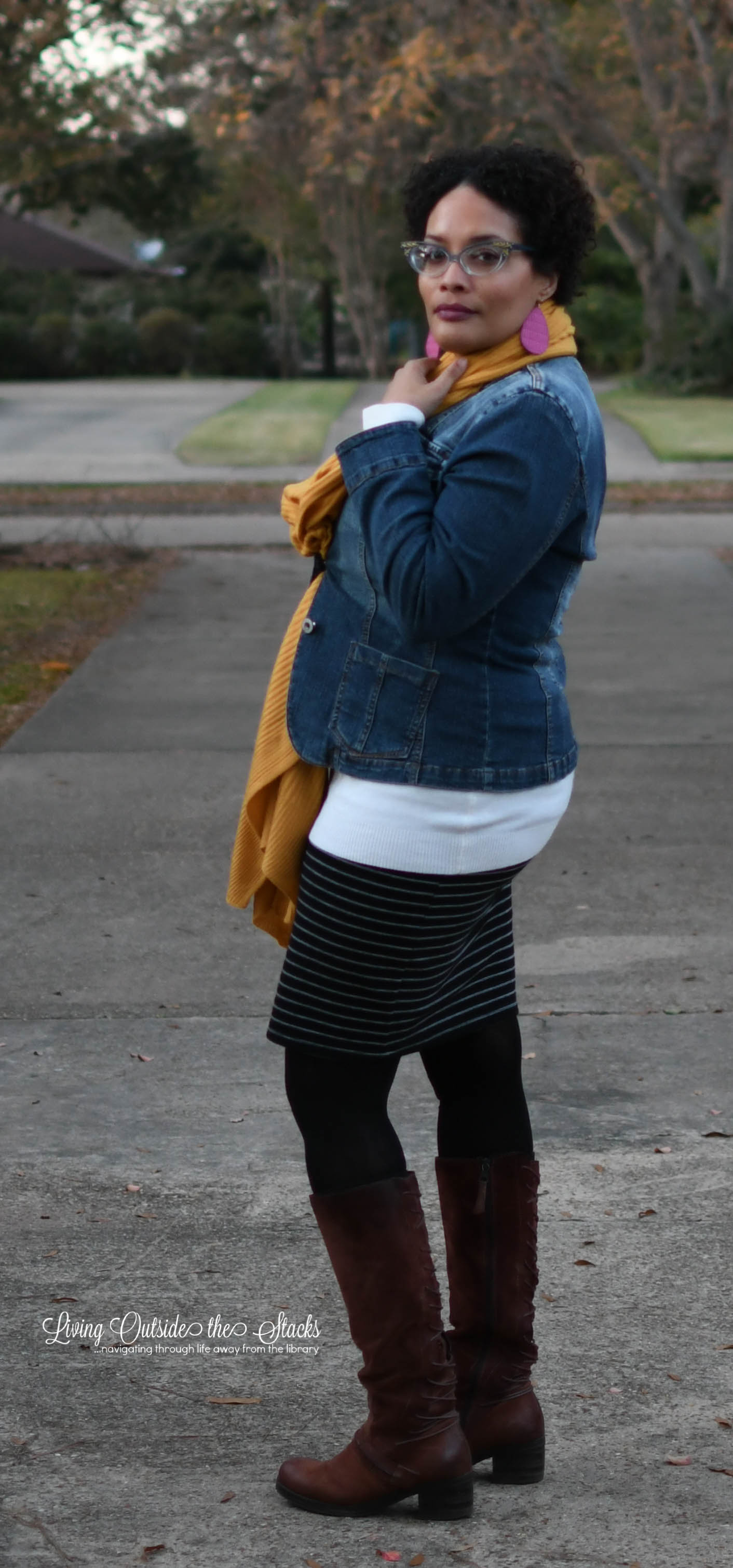 Zenni Glasses Mustard Scarf Denim Jacket Striped Skirt Black Tights and Brown Boots {living outside the stacks}