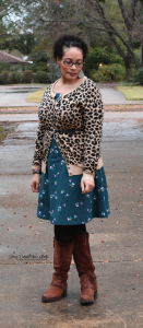 Animal Print Cardigan Floral Teal Dress Black Tights and Brown Boots {living outside the stacks}