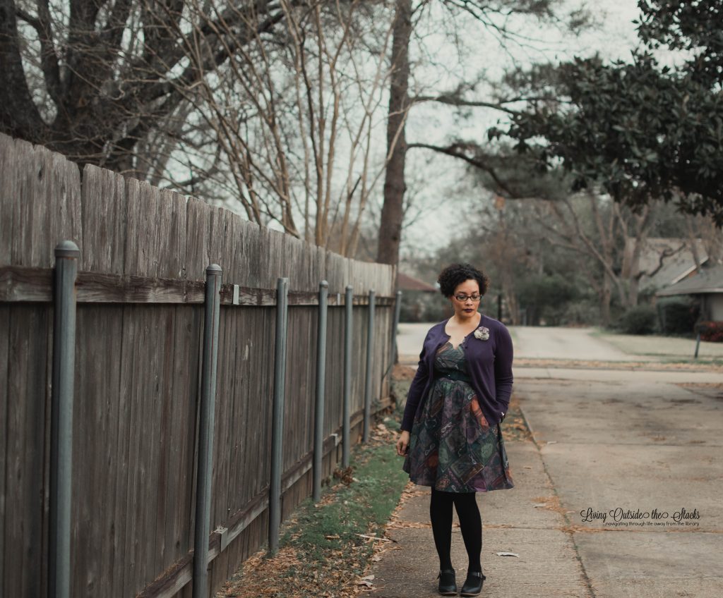 Purple Cardigan Library Books Dress with Black Tights and Navy Mary Janes {living outside the stacks}