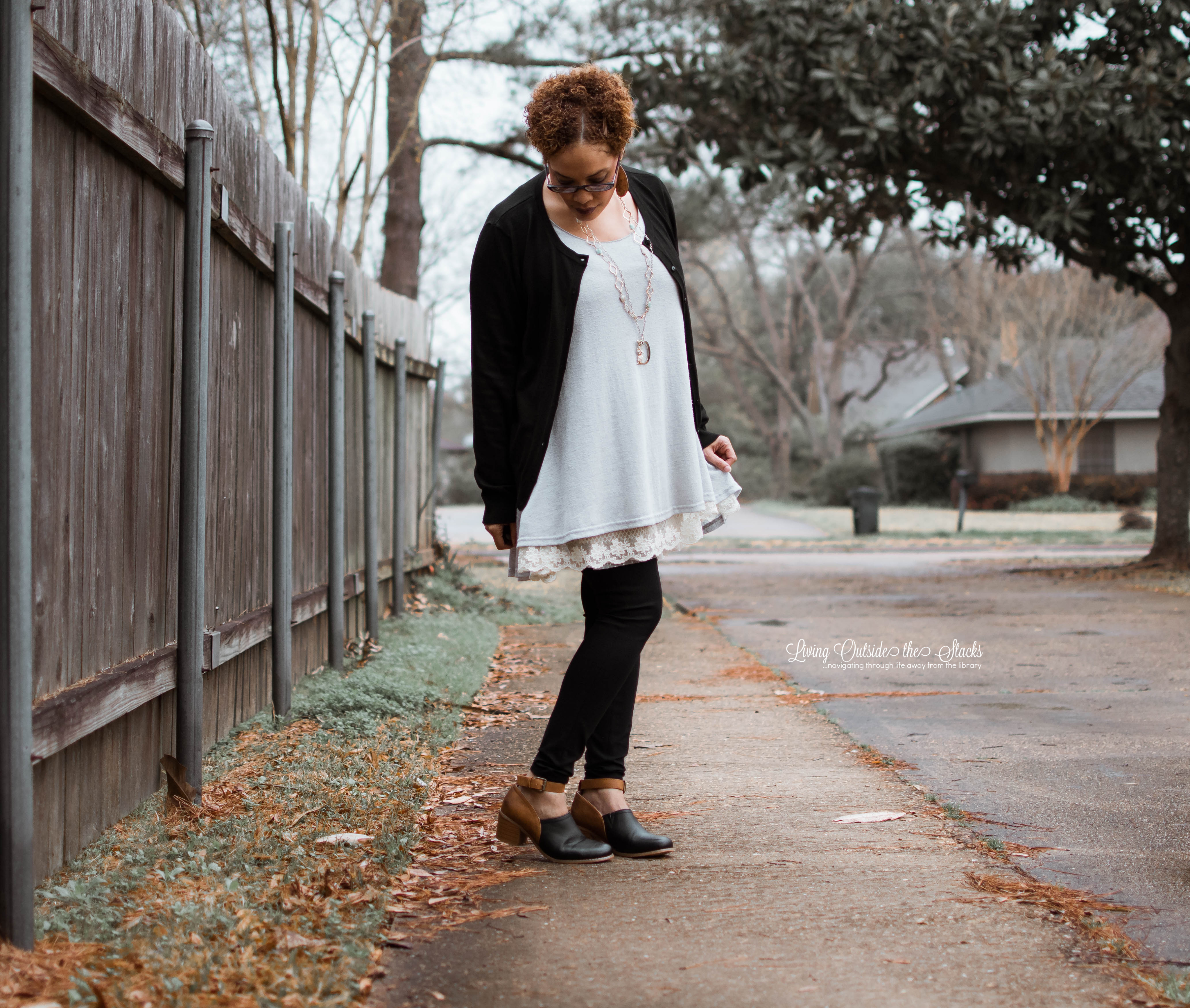 Black Cardigan Gray Tunic with Black Skinny Pants {living outside the stacks}