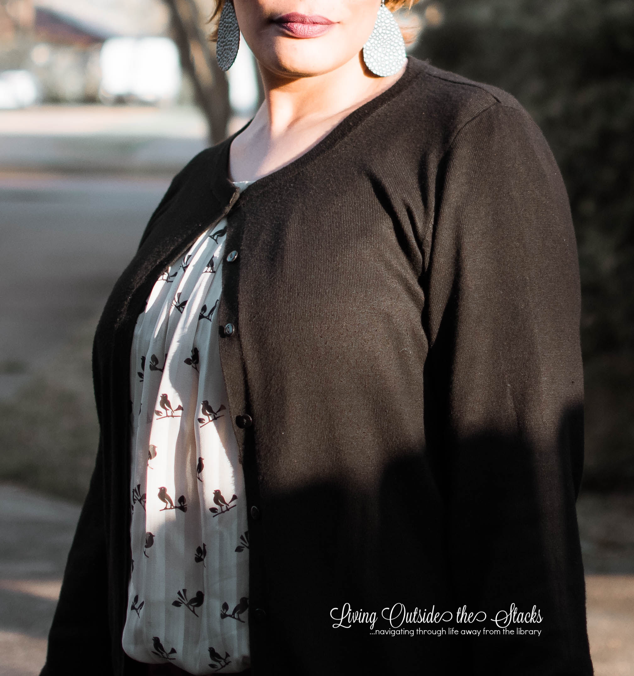 Black Cardi Bird Print Blouse Faux Leather Pants and Black Flats {living outside the stacks}