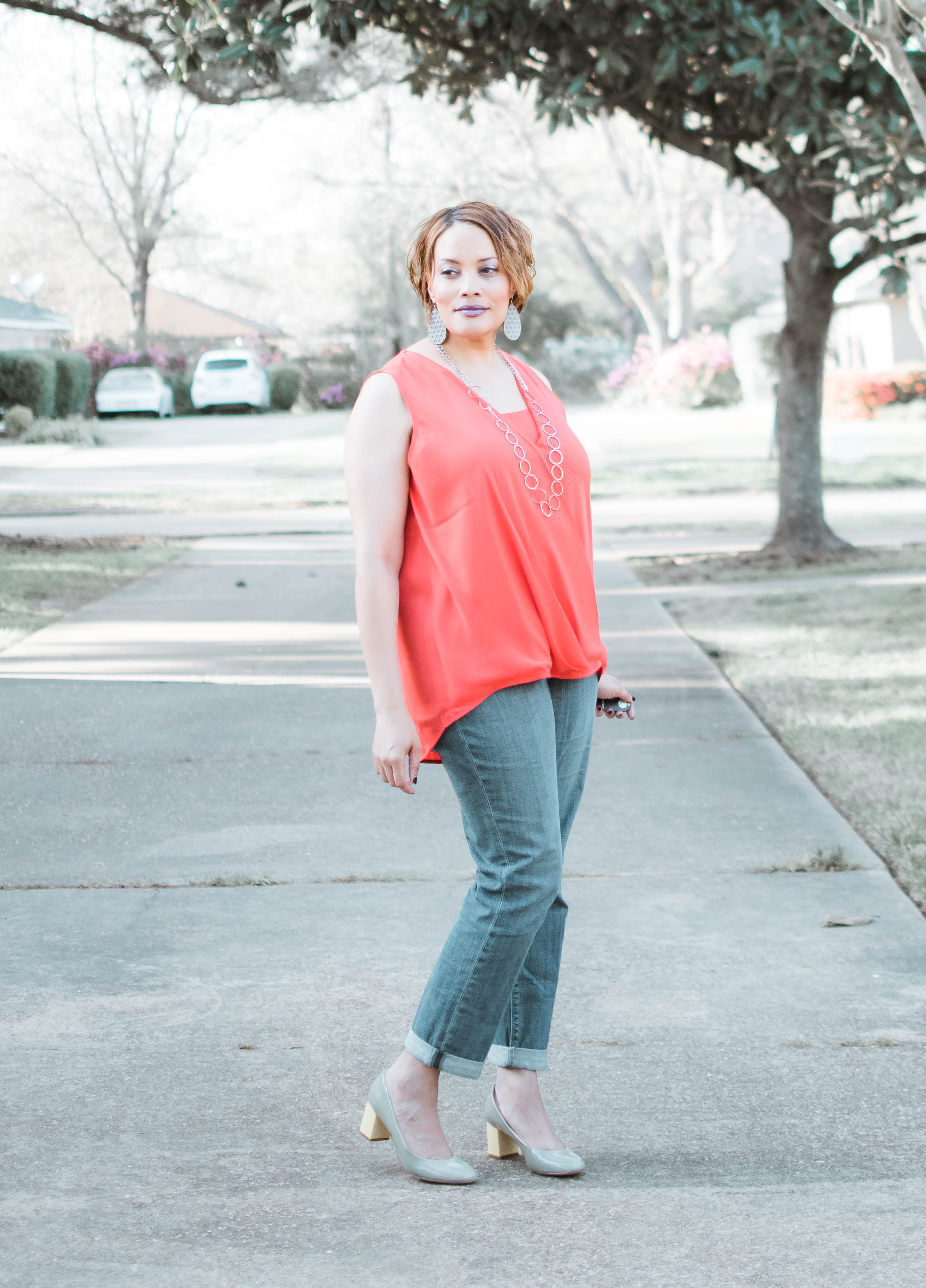 Red Sleeveless Top Boyfriend Jeans and Gray Pumps {living outside the stacks}