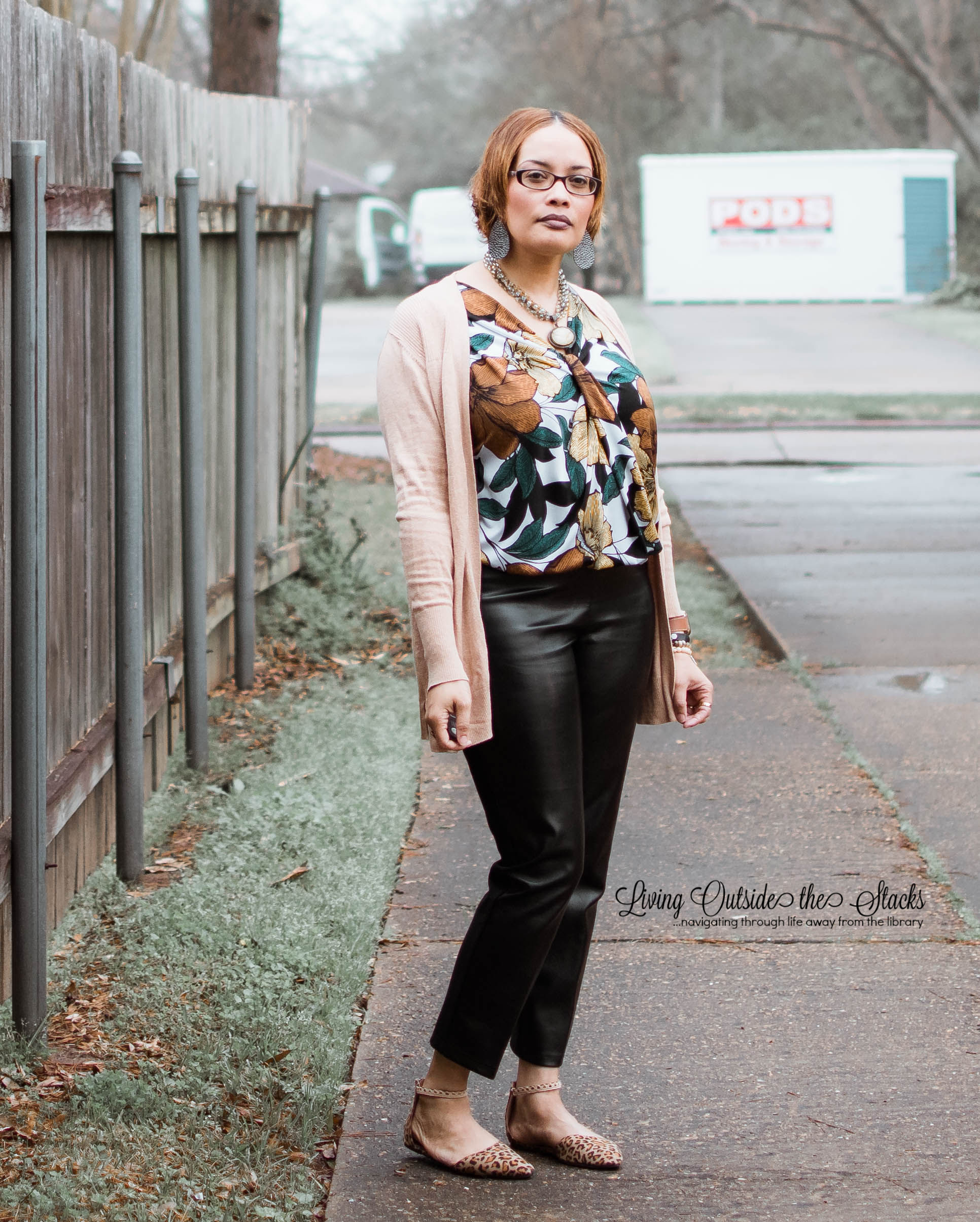 Cardi Leaf Blouse Faux Leather Pants {living outside the stacks}