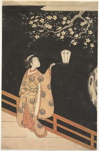 Woman Admiring Plum Blossoms at Night by Suzuki Harunobu
