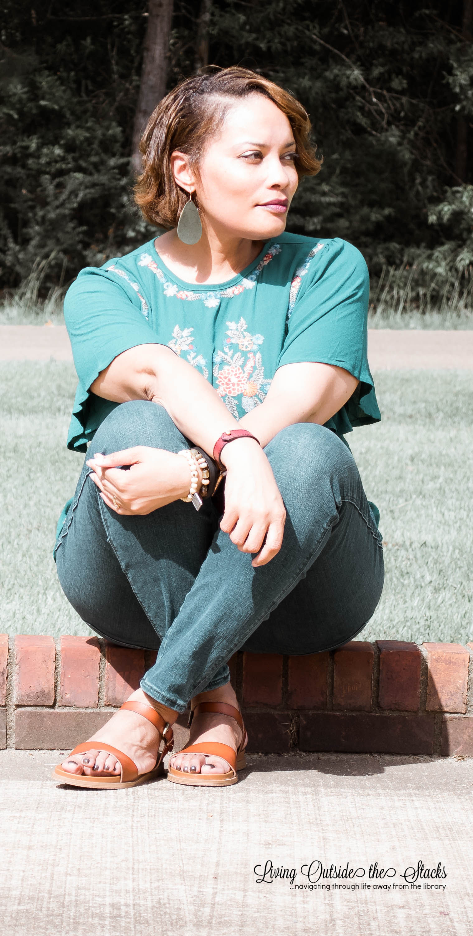 Teal Embroidered Blouse Skinny Jeans and Brown Sandals {living outside the stacks}
