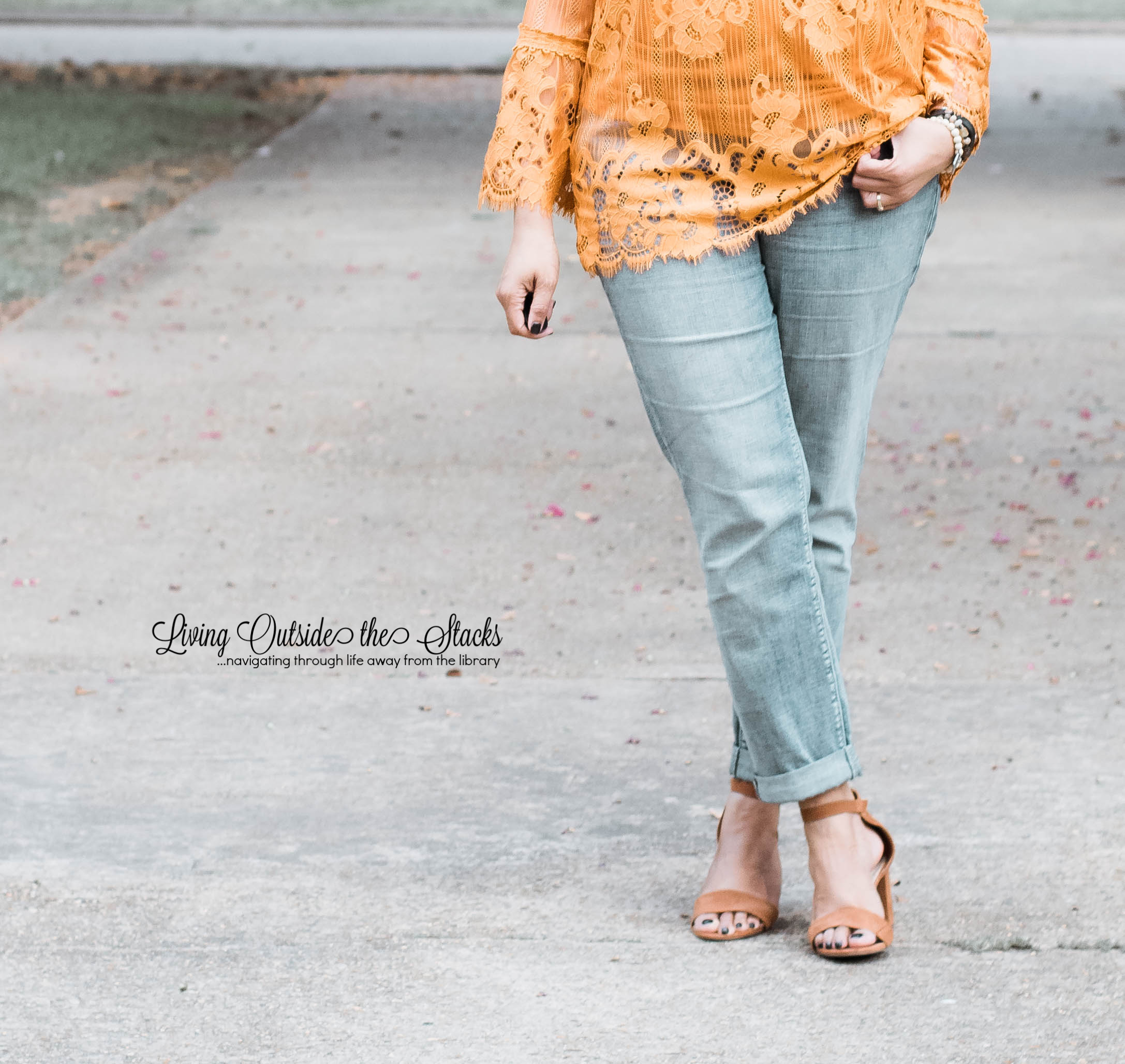 gold lace top with boyfriend jeans and brown sandals {living outside the stacks}