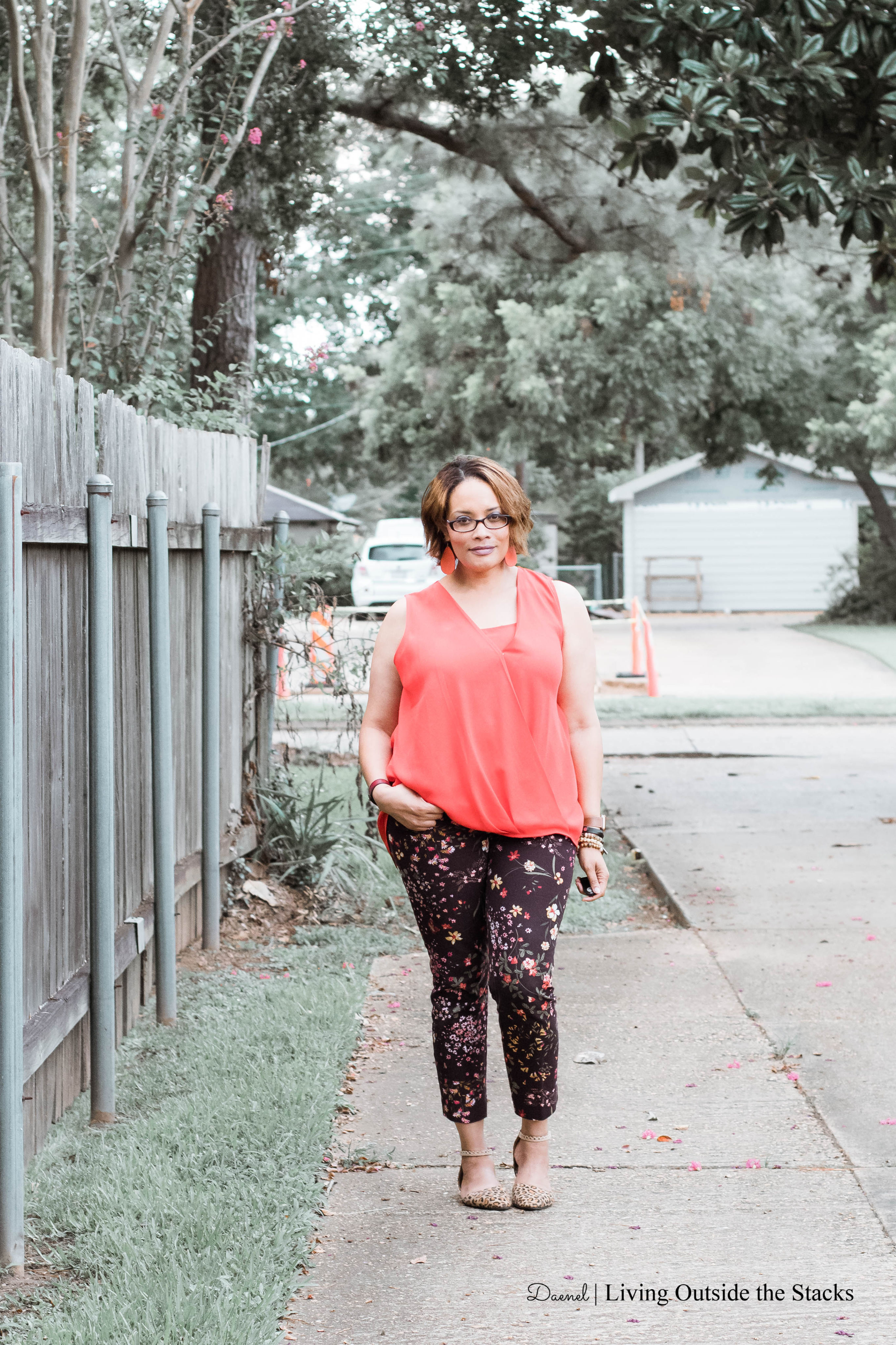Red Sleeveless Top Dark Floral Pixie Pants and Leopard Print Flats {living outside the stacks}