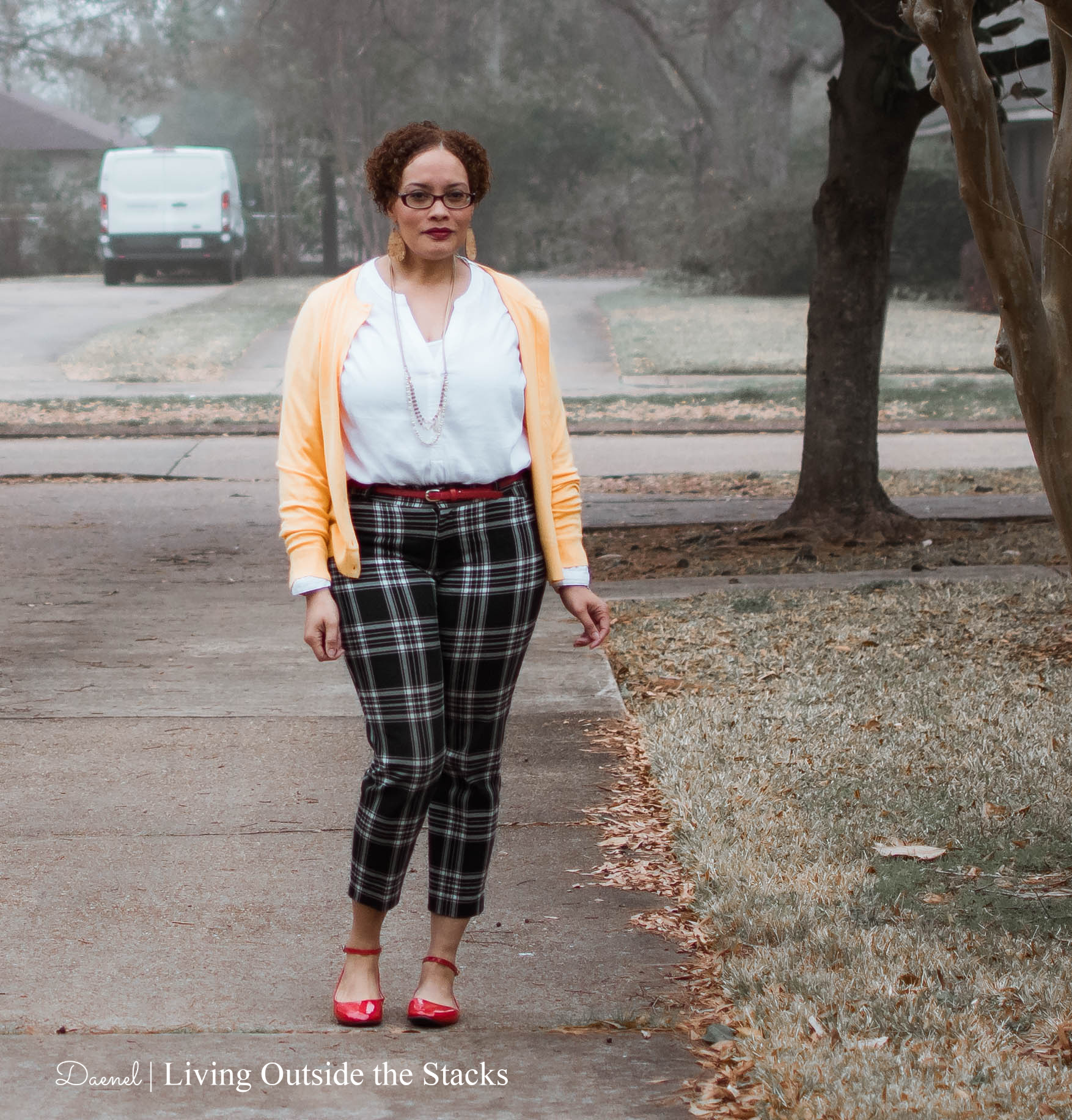 Daenel T {living outside the stacks} yellow cardi white top plaid pants and red flats
