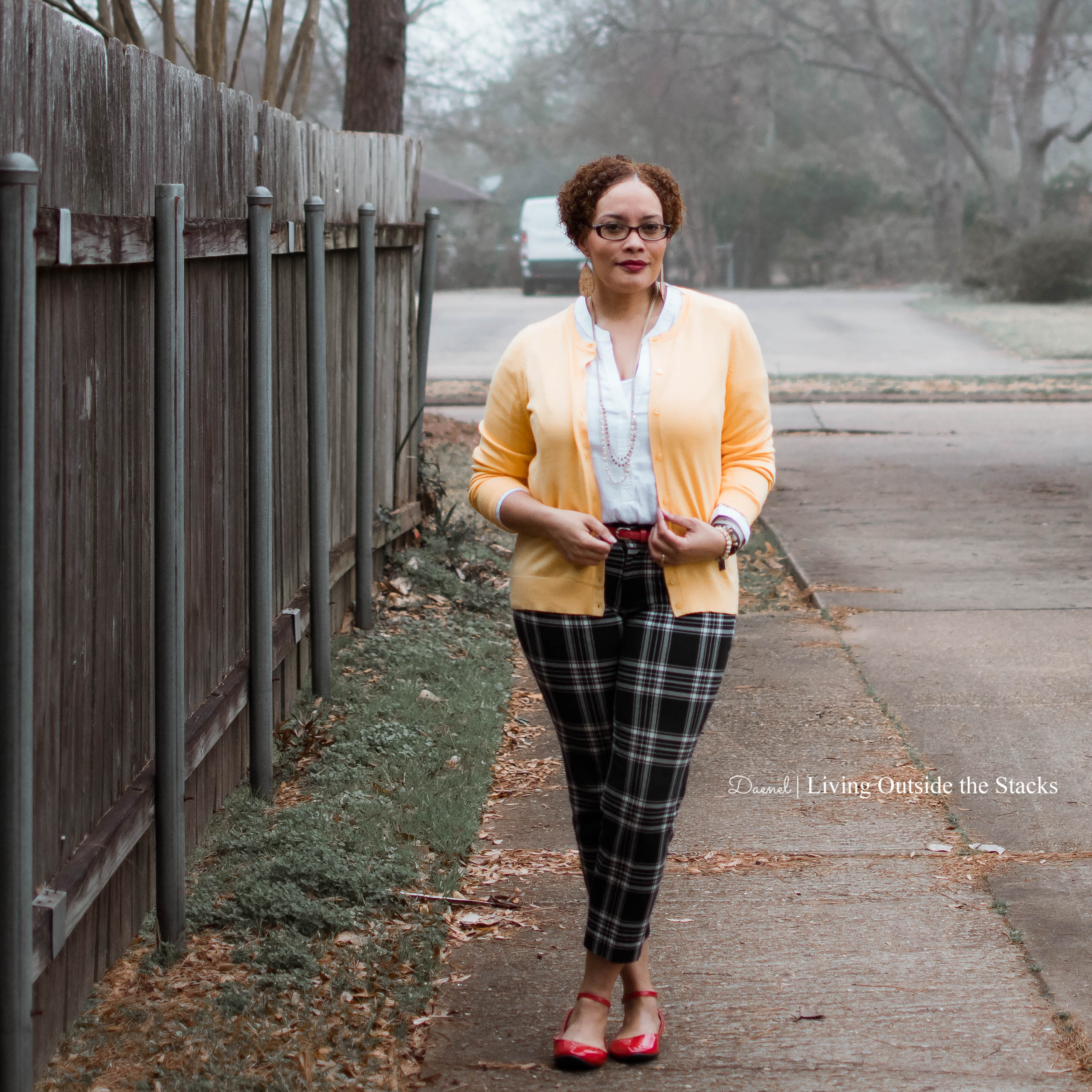 Daenel T {living outside the stacks} yellow cardi white top plaid pants and red flats