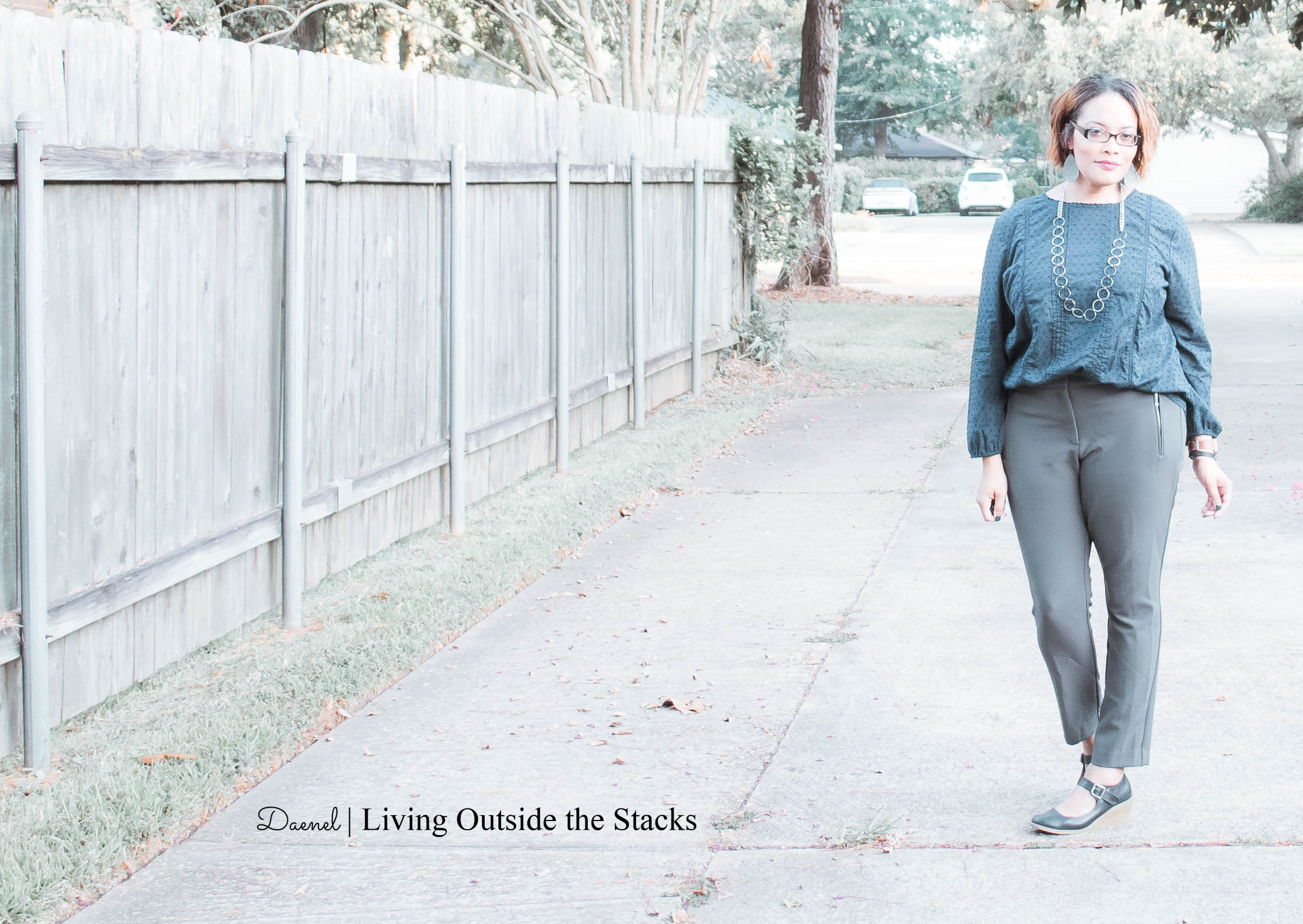 Blue Eyelet Top Gray Ankle Pants Blue Mary Janes {living outside the stacks}