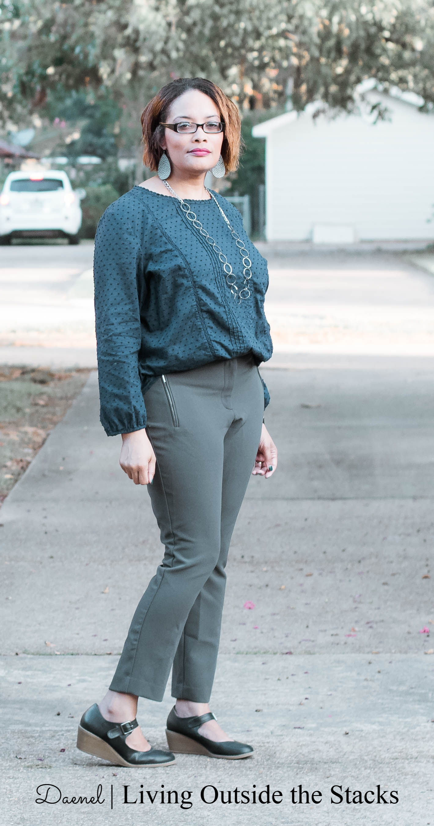 Blue Eyelet Top Gray Ankle Pants Blue Mary Janes {living outside the stacks}