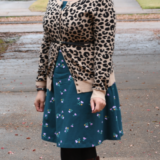 Animal Print Cardigan Floral Dress and Brown Boots {living outside the stacks}