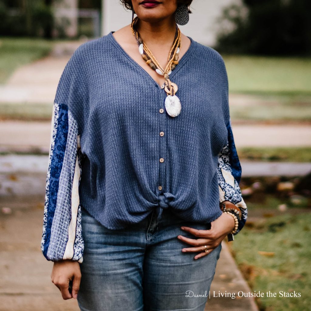Blue Top Necklace Boyfriend Jeans and Boots {living outside the stacks}
