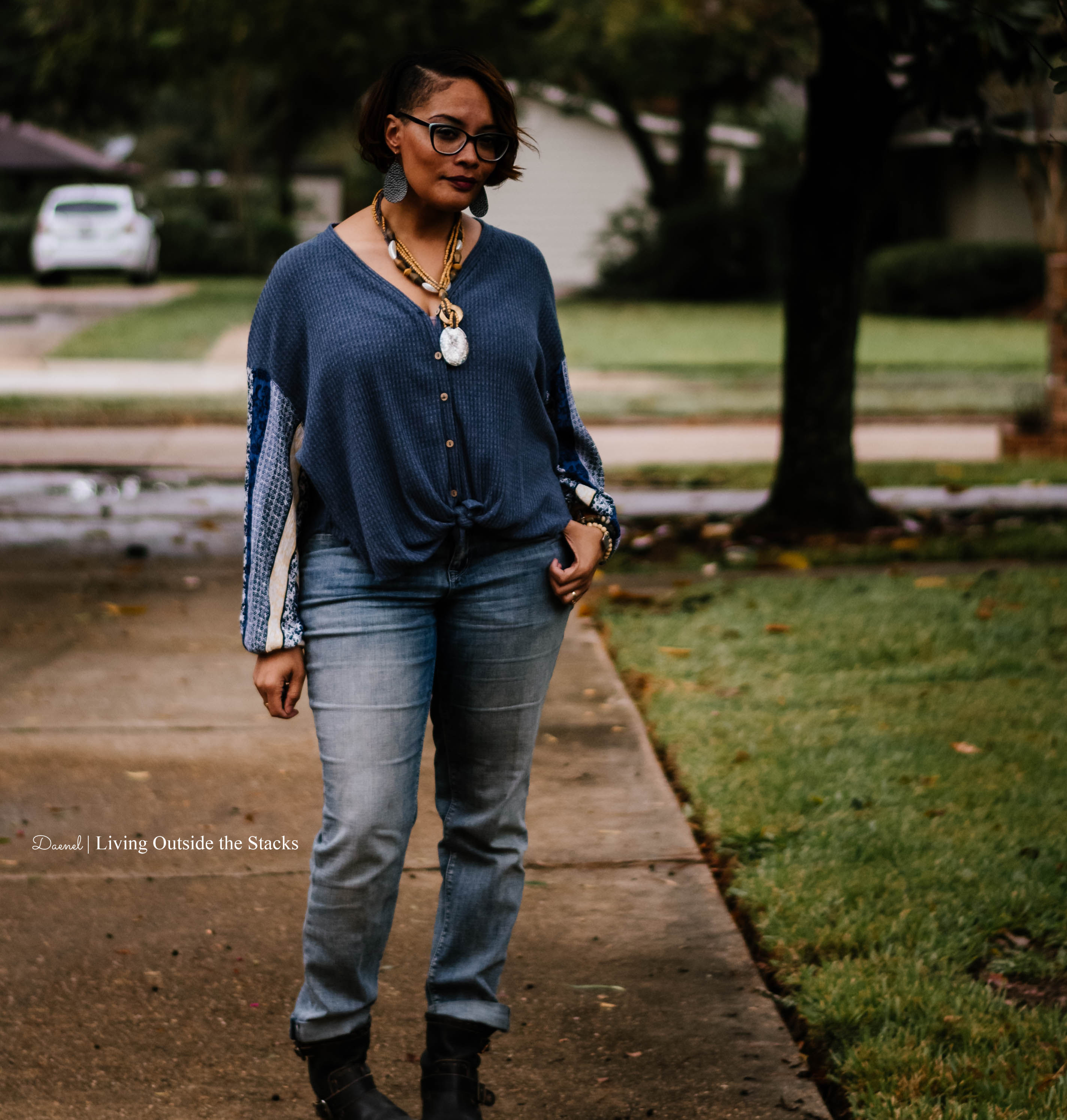 Blue Top Necklace Boyfriend Jeans and Boots {living outside the stacks}