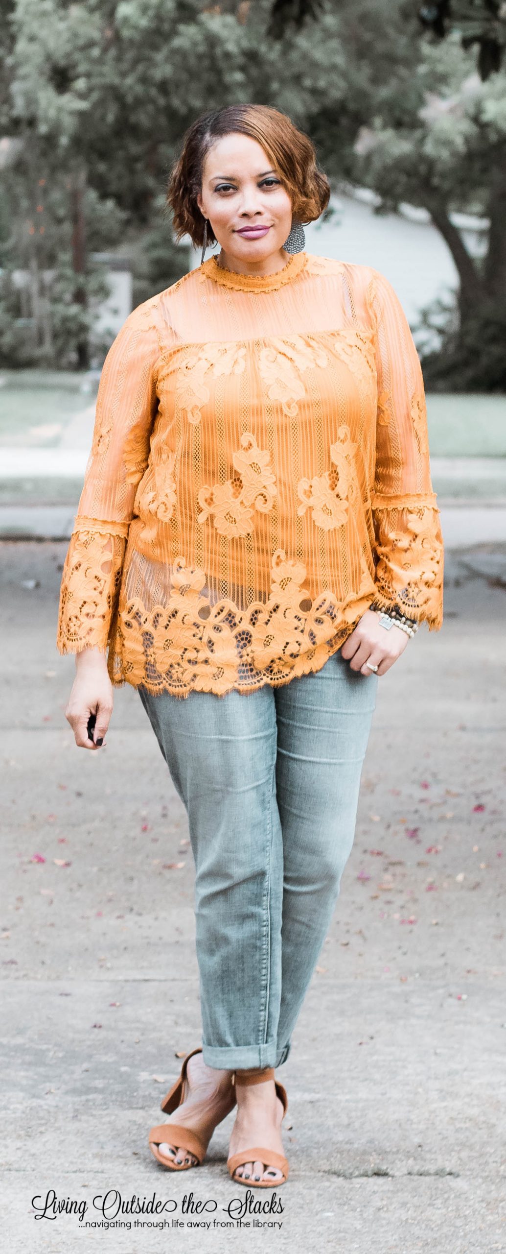  Gold Lace Top with Boyfriend Jeans and Brown Sandals {living outside the stacks}
