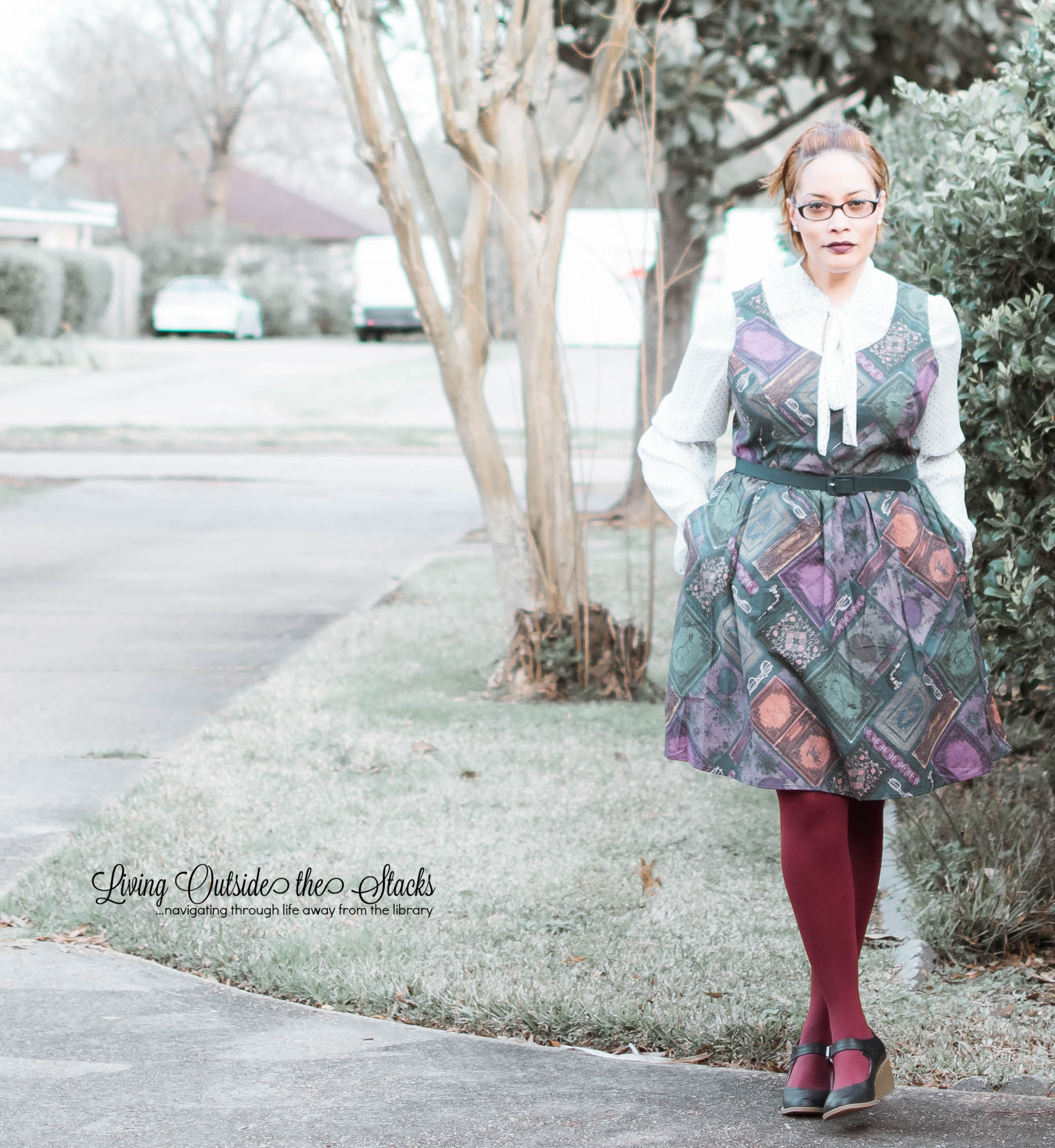 Polka Dot Blouse Library Book Dress Burgundy Tights and Navy Shoes {living outside the stacks}