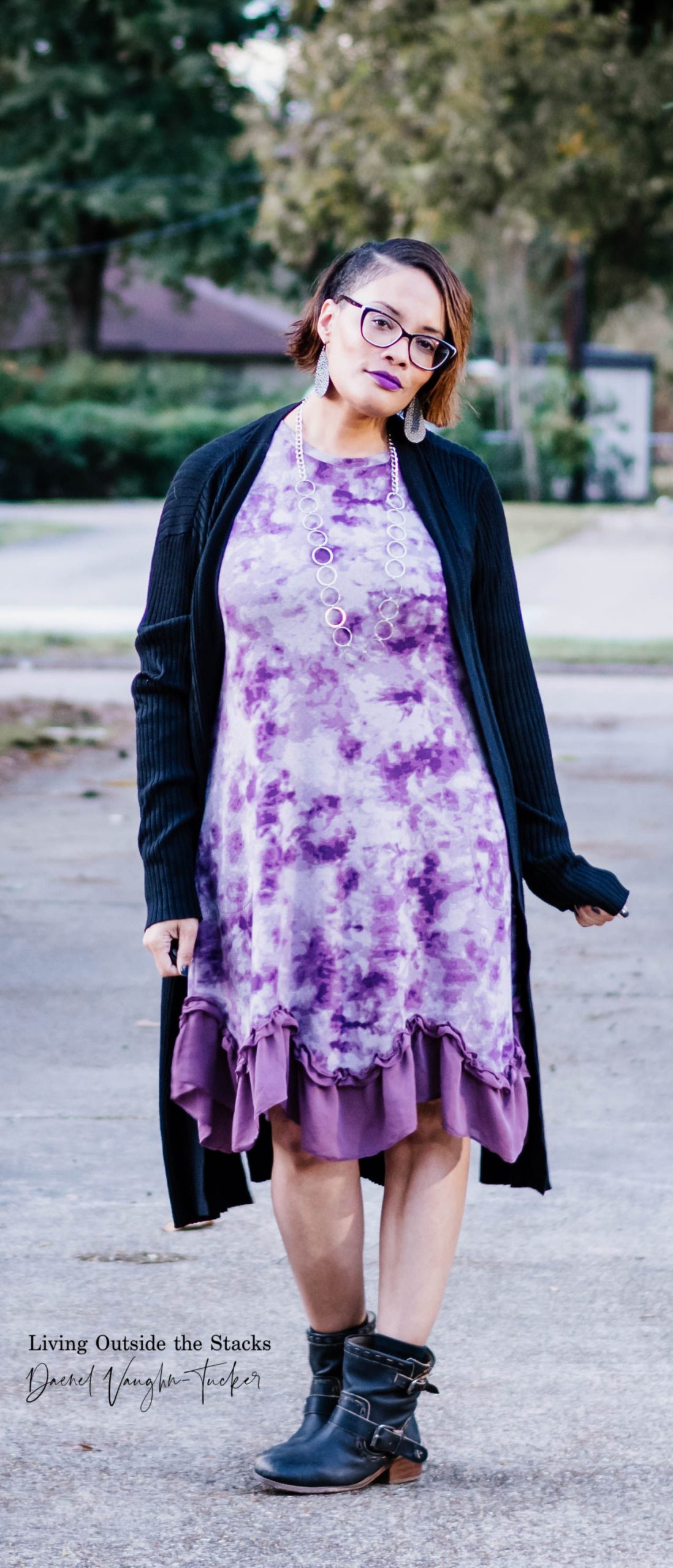 Daenel T {living outside the stacks} Purple Logo Dress and Black Ankle Boots