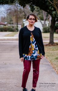 Black Cardi Leaf Print Top Wine Faux Leather Pants {living outside the stacks}