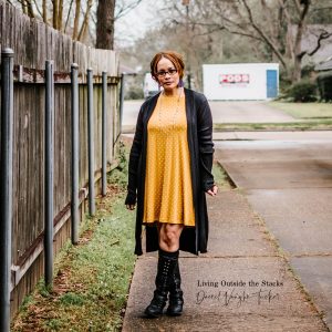 Black Cardigan Polka Dot Mustard Dress {living outside the stacks
