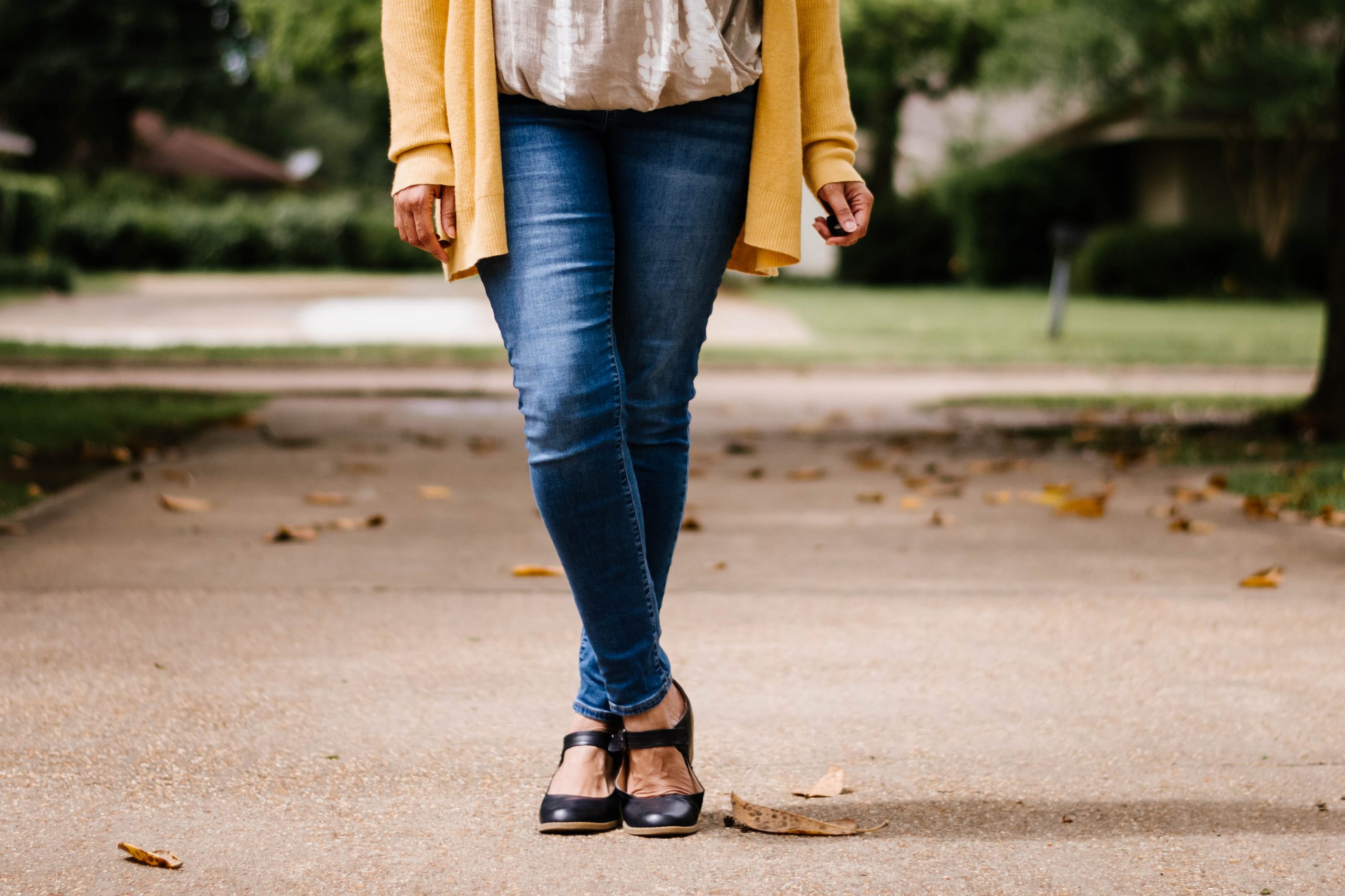  Yellow Cardi Taupe Wrap Top Jeggings and Mary Janes {living outside the stacks}