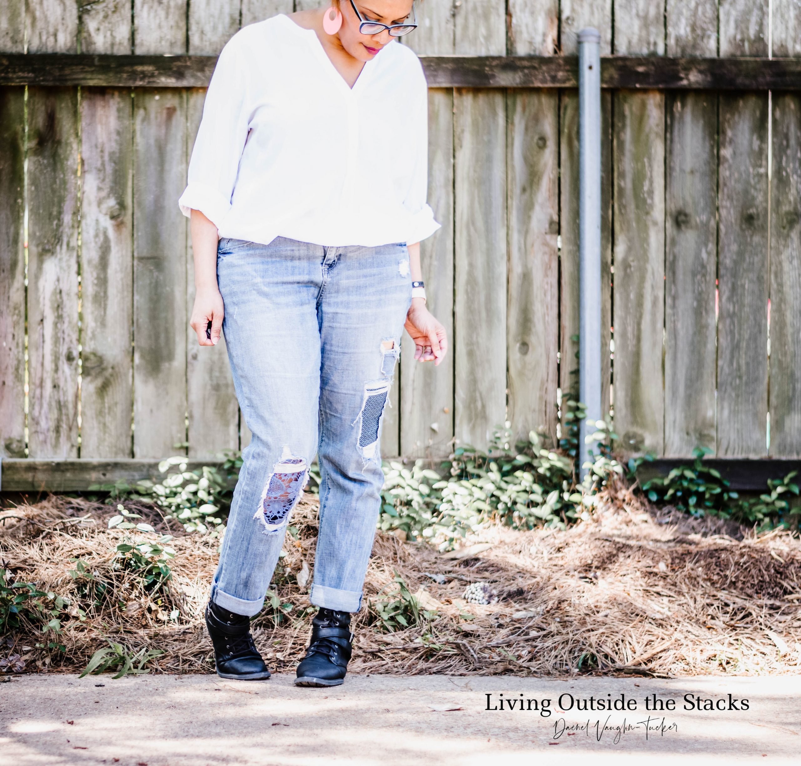 White Shirt Patchwork Jeans and Black Boots {living outside the stacks}